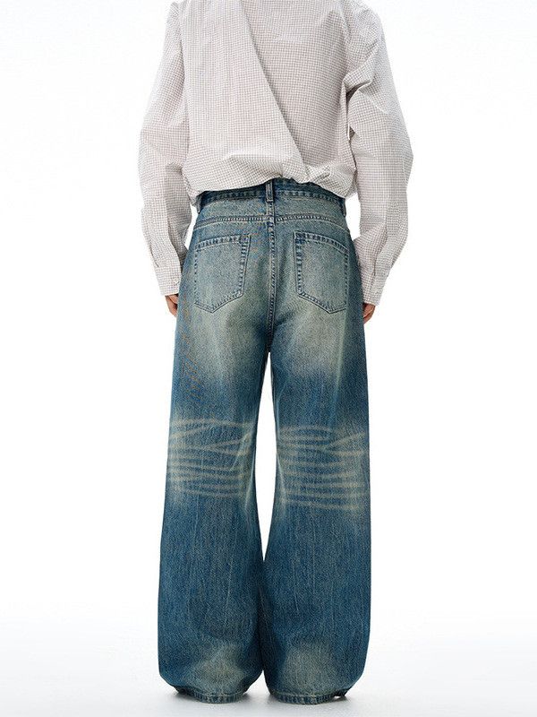 Japanese Brand Men's washed distressed wide-leg straight jeans Size US 32 / EU 48 - 5 Thumbnail