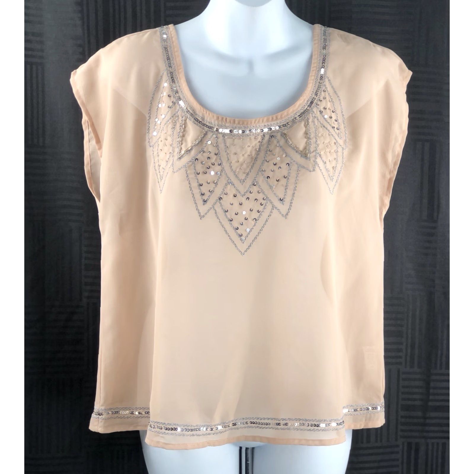 Decree Decree Blouse Shirt M Beige Chiffon Scoop Neck Sequin Bead Short Sleeve Cap Sleeve Casual Bohemian City Classic Elegant Vintage No Size M / US 6-8 / IT 42-44 - 5 Thumbnail