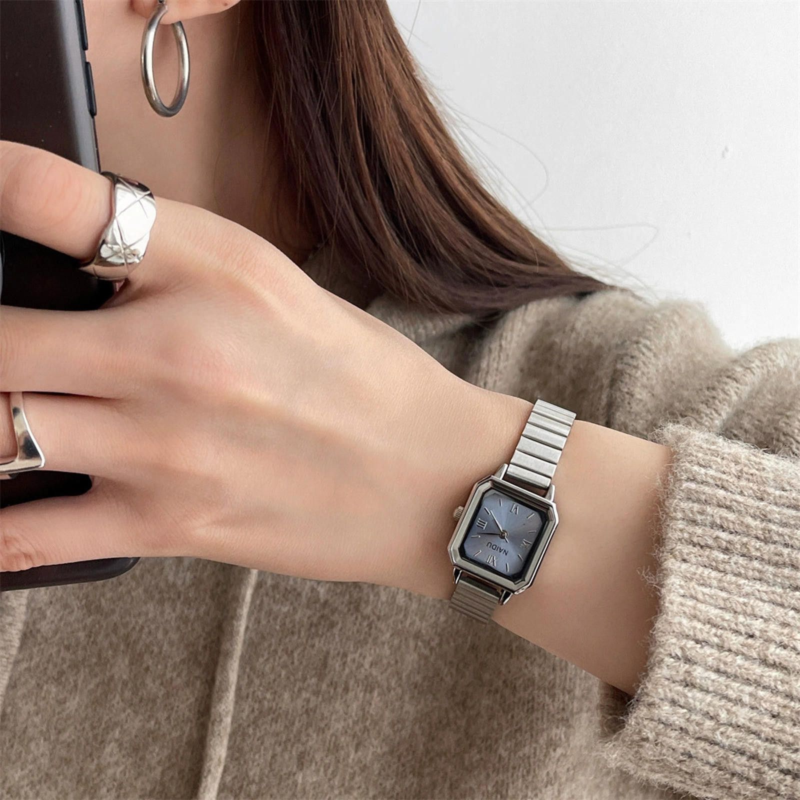 Jewelry Silver Stainless Steel Square Face Wristwatch, Slim Fit Size ONE SIZE - 7 Thumbnail