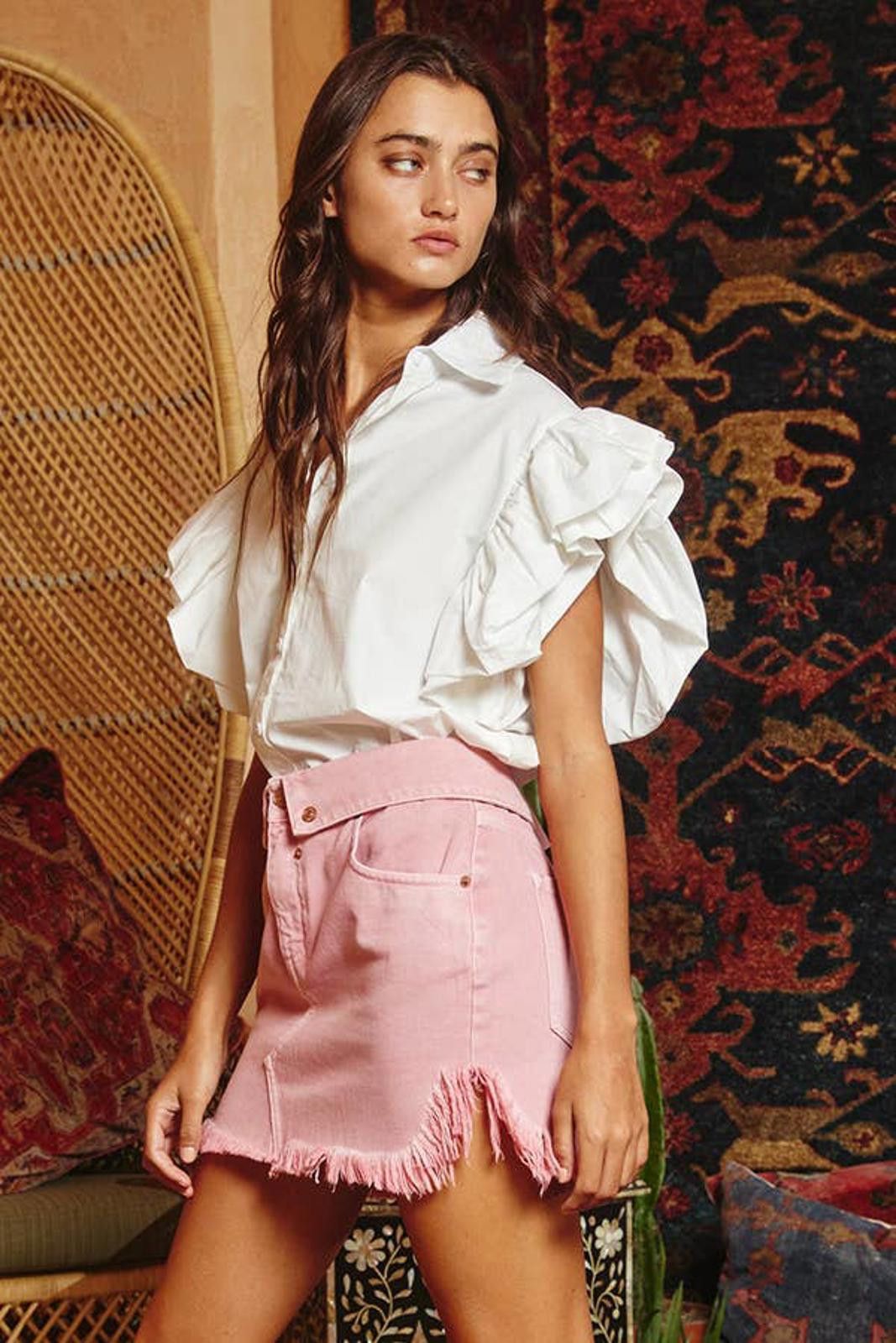 Other Pink Folded Waistband Raw Edge Hem Denim Mini Skirt Size 28" / US 6 / IT 42 - 4 Thumbnail