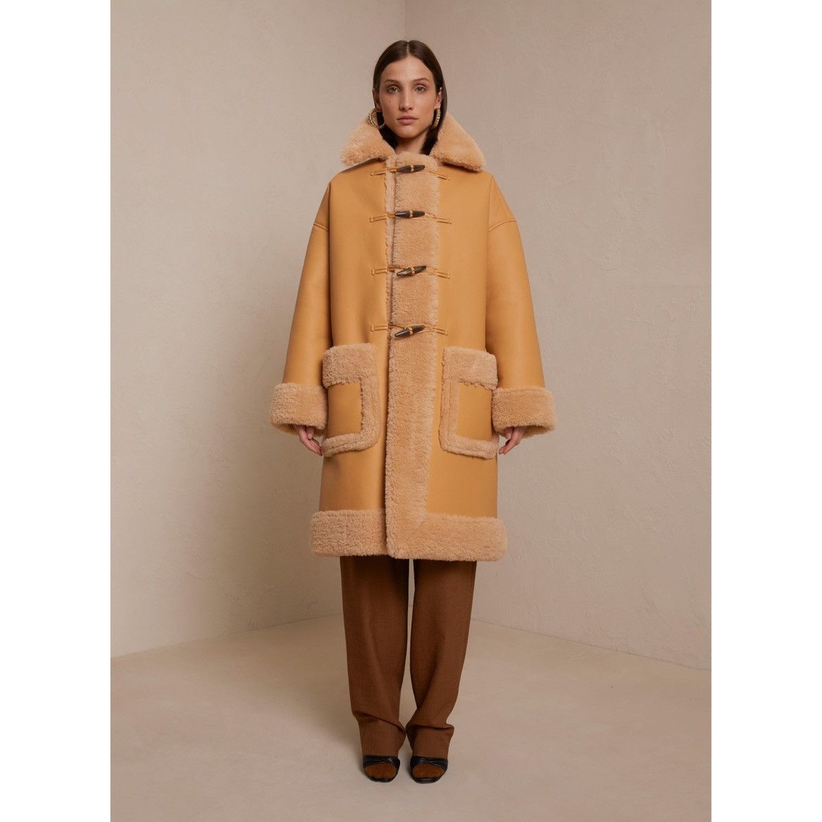 image of A L C A.l.c. Brunswick Faux Shearling Leather Coat in Camel, Women's (Size XS)