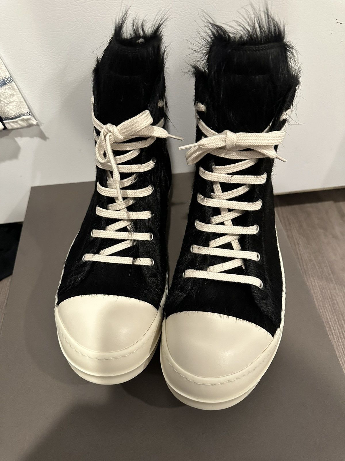Pre-owned Rick Owens Pony Hair Ramones High Black Milk Size 44 Shoes
