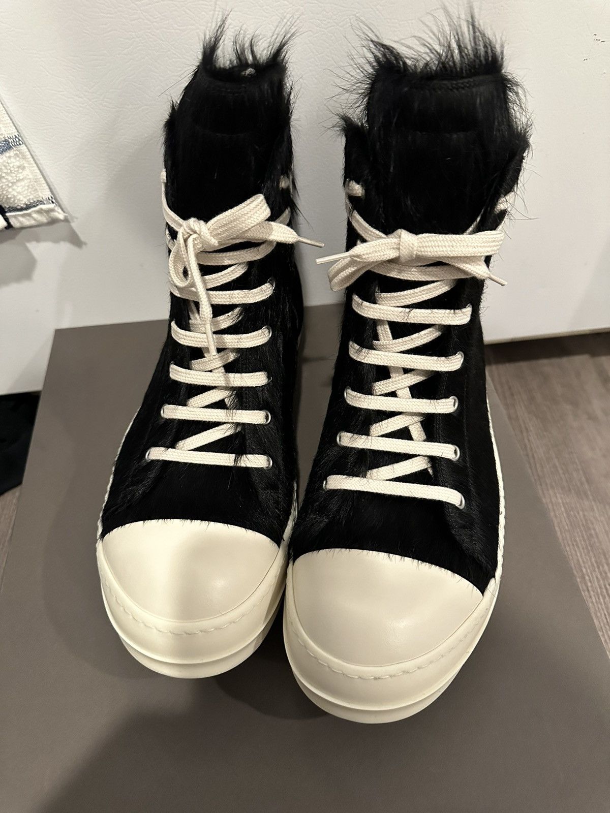 image of Rick Owens Pony Hair Ramones High Black Milk Size 44 Shoes, Men's