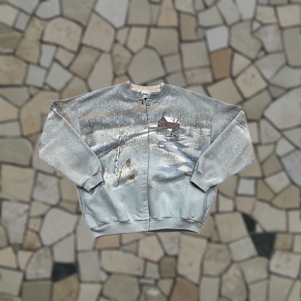 Vintage VINTAGE Artisans Cardigan Sweatshirt Womens L Gray Painted Winter Scene Button-Front Size L / US 10 / IT 46 - 1 Thumbnail