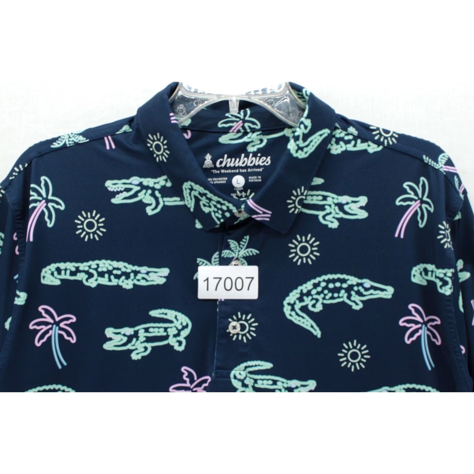 Chubbies Chubbies Polo Shirt Mens L Navy Alligator Palm Tree Sun Print Short Sleeve Shirt Polo Mens L Navy Palm Tree Alligator Print Size US L / EU 52-54 / 3 - 7 Thumbnail