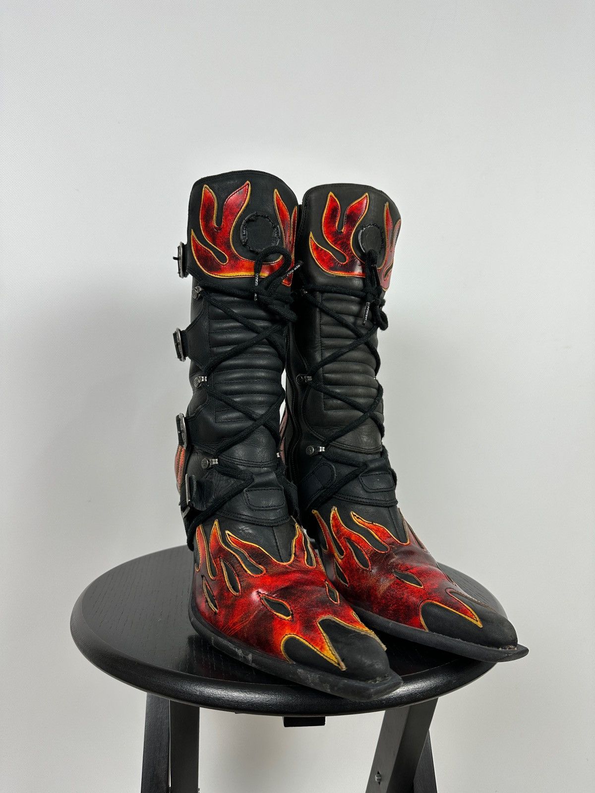New Rock Flames Leather Heels Boots Y2K
