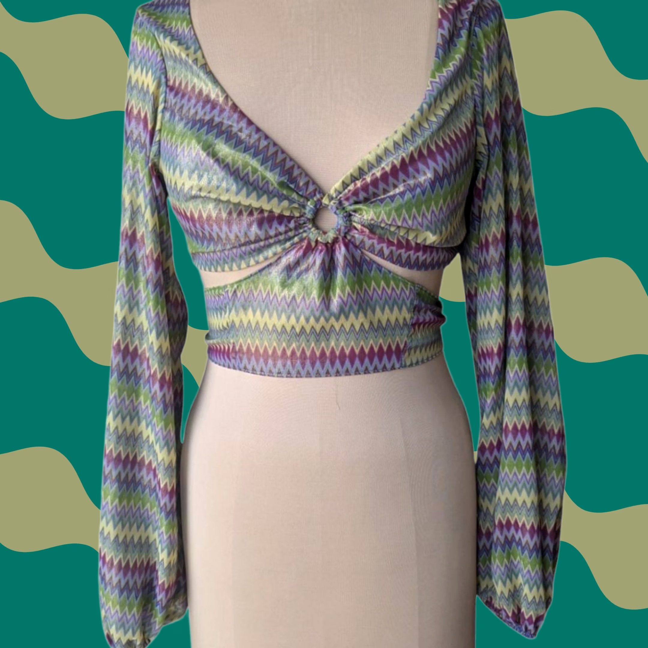 Urban Outfitters Urban Outfitters Cropped Blouse Tie Back V-Neck Long Sleeve Multicolor Geometric Geometric Pattern 70s Hippie California Party Cocktail Boho Women M Size M / US 6-8 / IT 42-44 - 1 Thumbnail