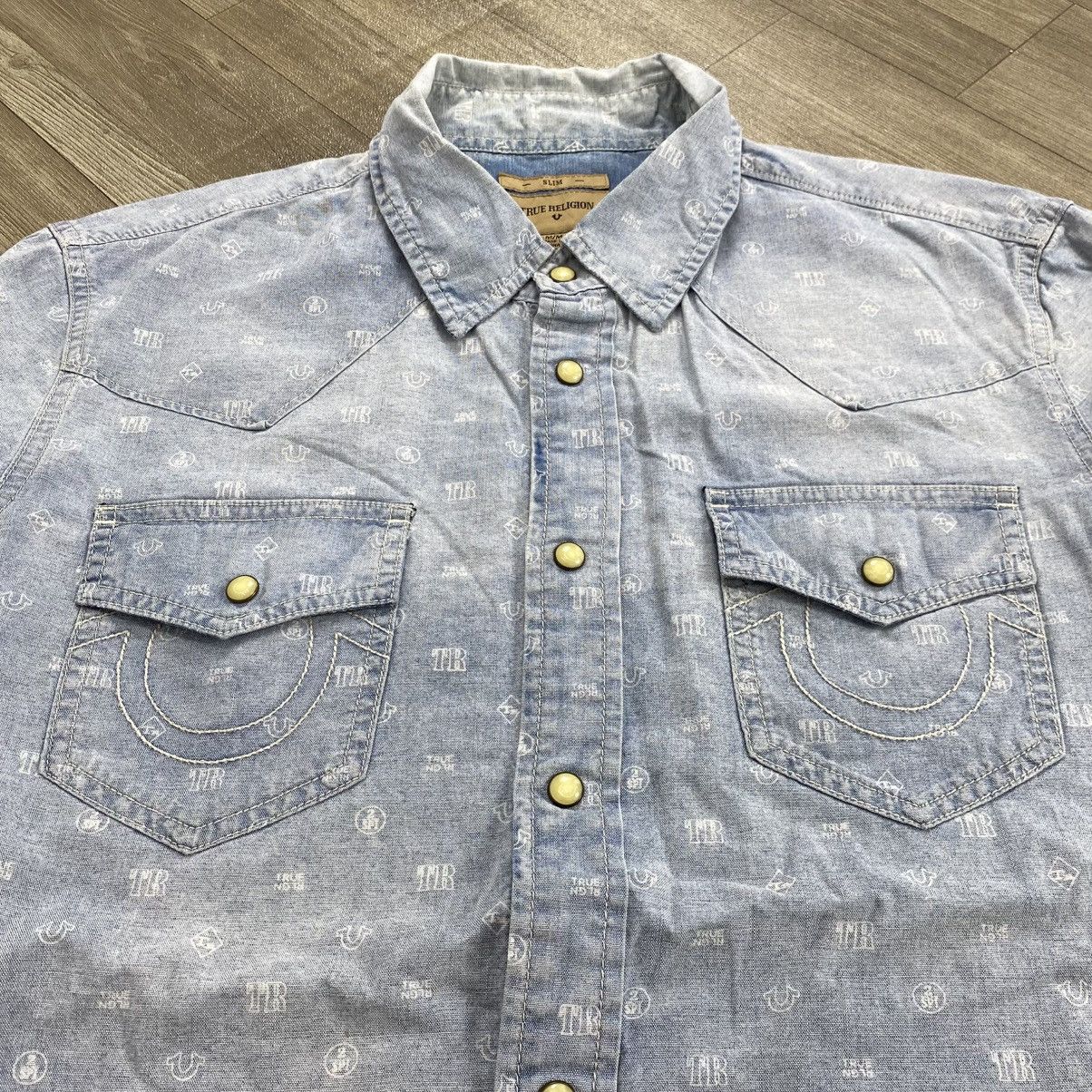 Japanese Brand Vintage True Religion Monogram Print Logo Faded Denim Shirt Size US M / EU 48-50 / 2 - 3 Thumbnail