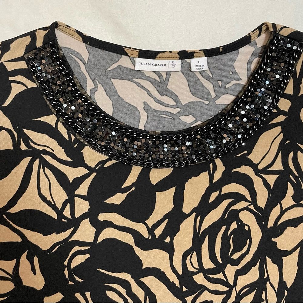 Other Susan Graver Floral Liquid Knit Embellished Neck Tunic Top Size L / US 10 / IT 46 - 6 Thumbnail