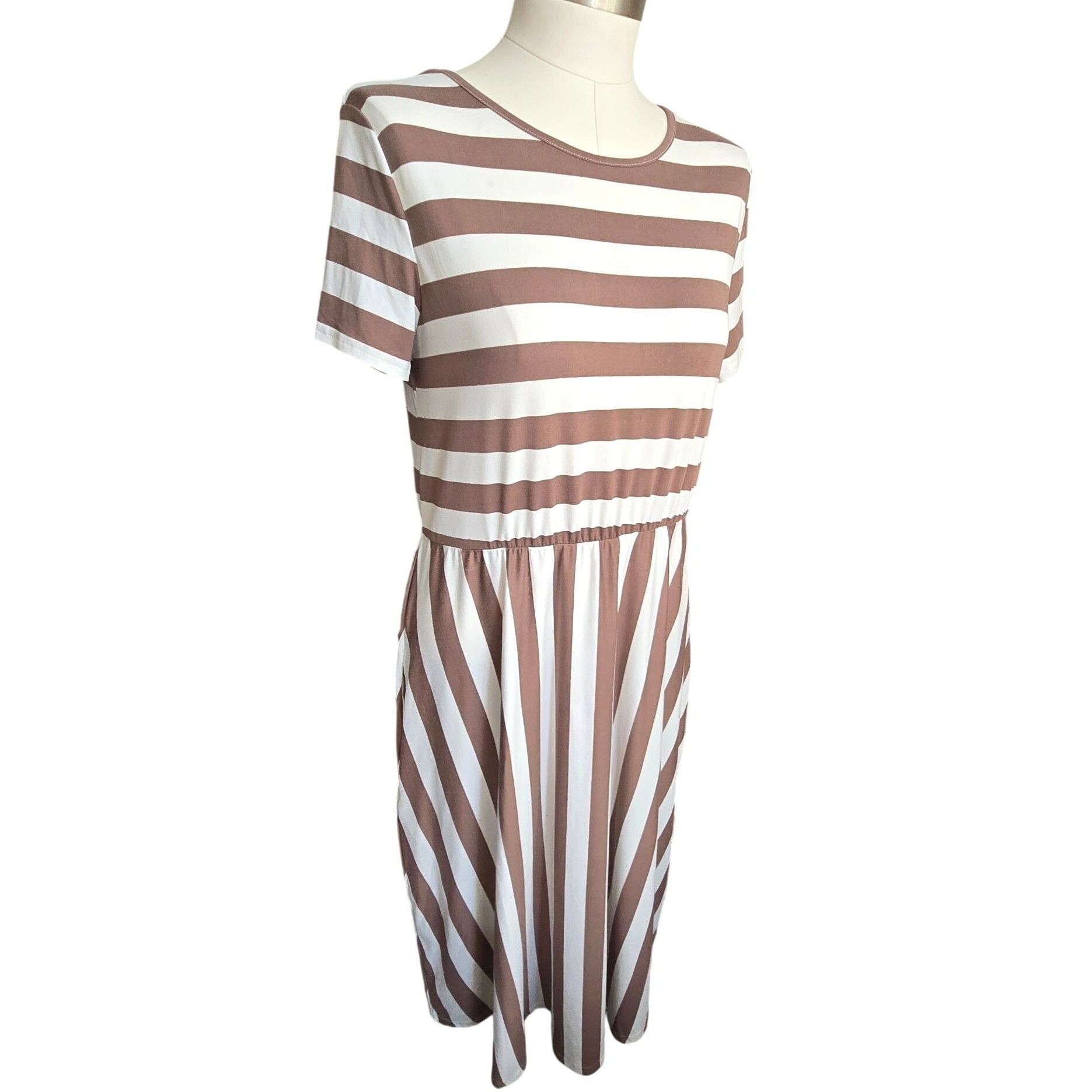 Other Striped Brown & White Dress Short Sleeve Casual By Levaca Si Size L / US 10 / IT 46 - 1 Thumbnail