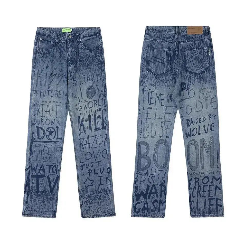 Japanese Brand Buggy jeans for men and women with graffiti print y2k Size US 32 / EU 48 - 3 Thumbnail