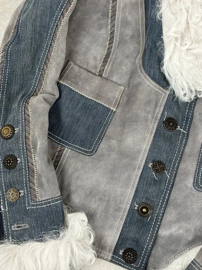 Roberto Cavalli AW2005 Cavalli Mongolian Fur Grey Leather & Blue Denim Jacket Size M / US 6-8 / IT 42-44 - 11 Thumbnail