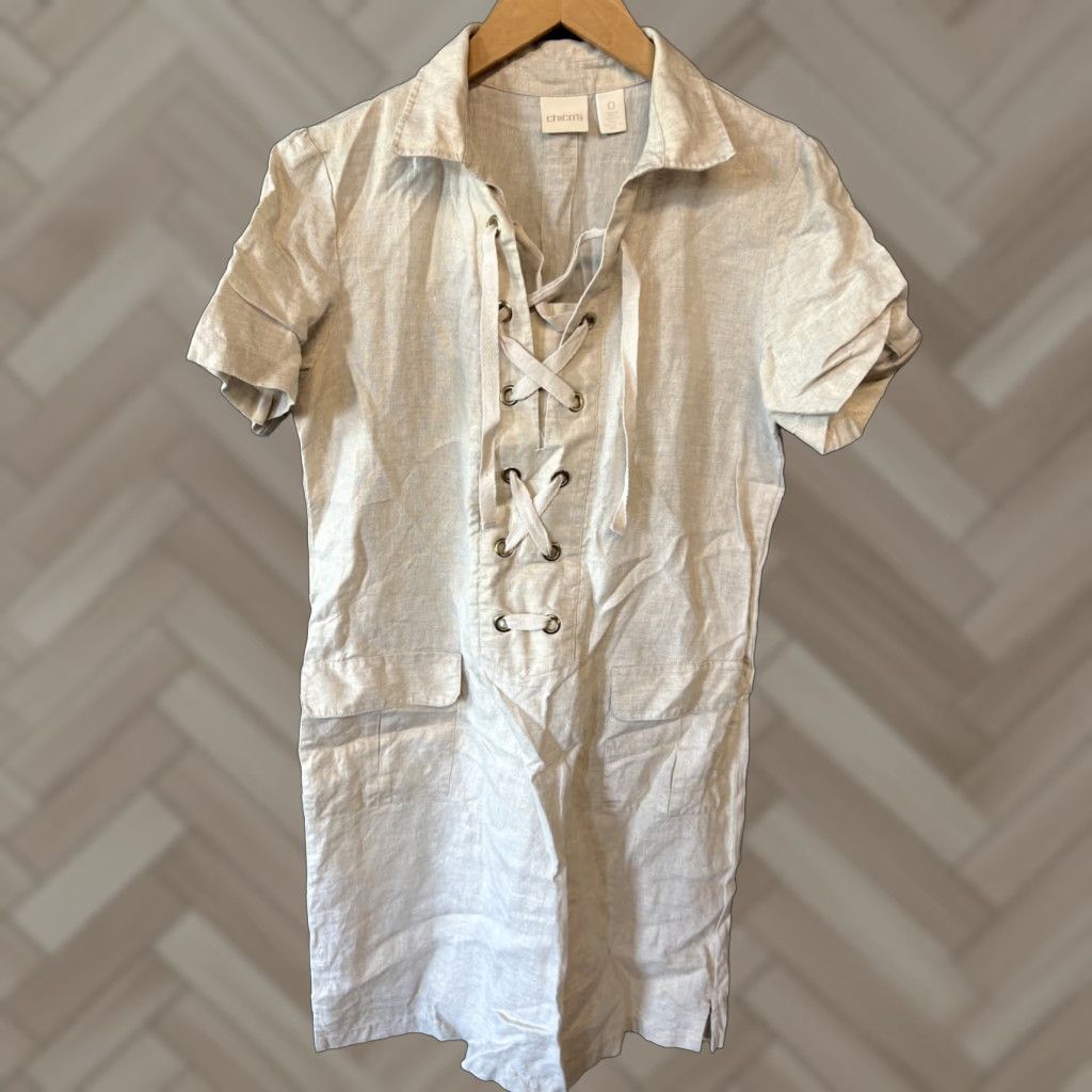 Vintage Chico's Shirt Dress Beige Linen Lace-Up Short Sleeve Casual Pocket  Knee Length 0 Womens | Grailed