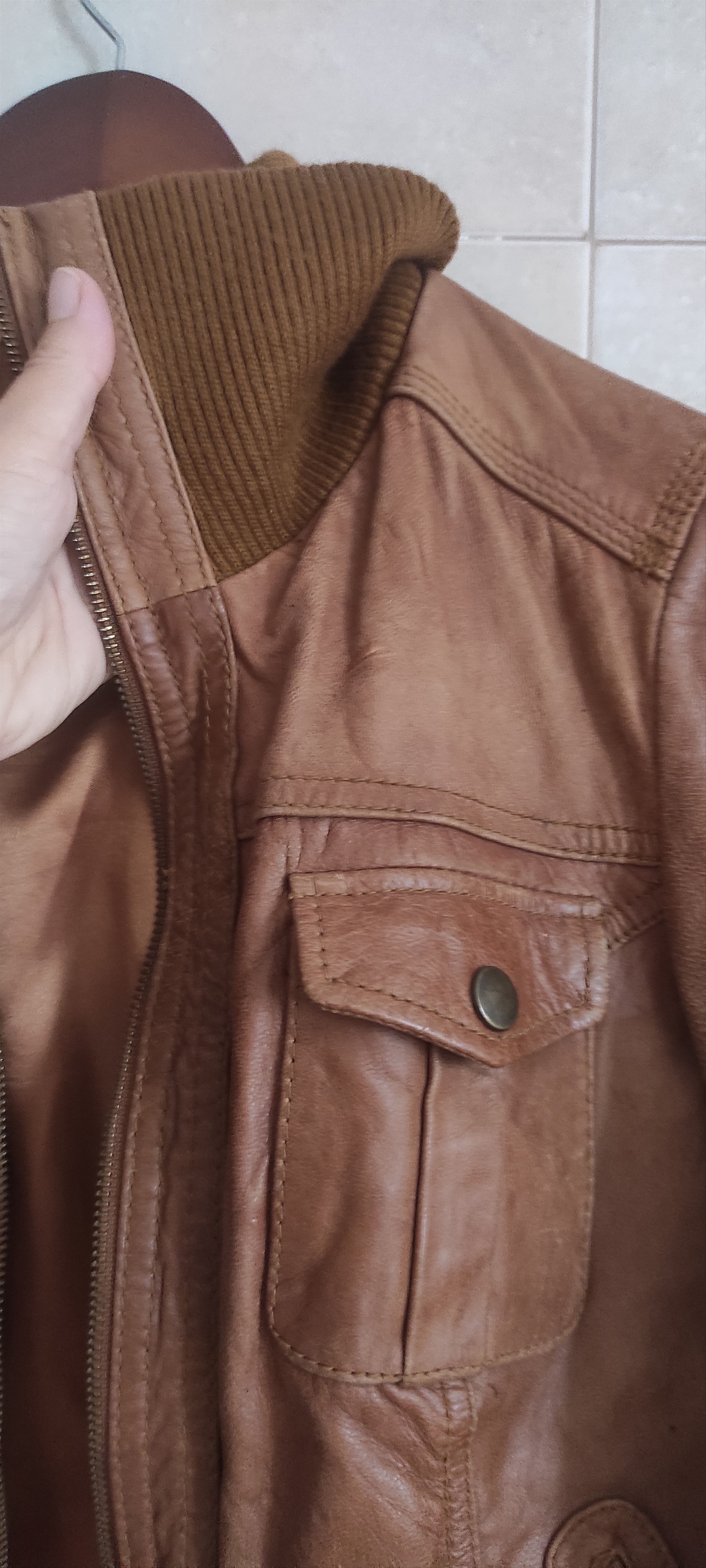 Stradivarius Stradivarius Tan Genuine Leather Motocycle Biker Jacket Size M / US 6-8 / IT 42-44 - 9 Thumbnail