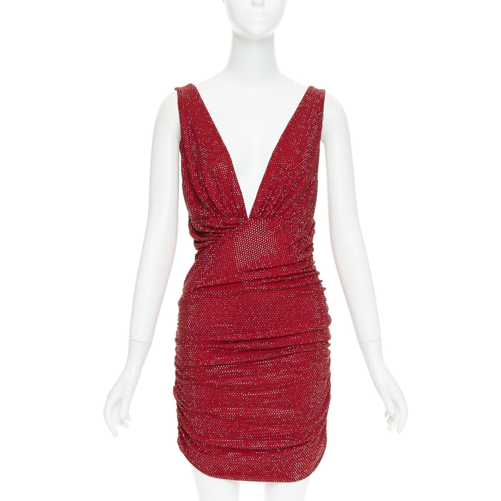 Alexandre Vauthier ALEXANDRE VAUTHIER Daring Red crystal stass encrusted plunge ruched mini dress IT40 S Size S / US 4 / IT 40 - 1 Thumbnail