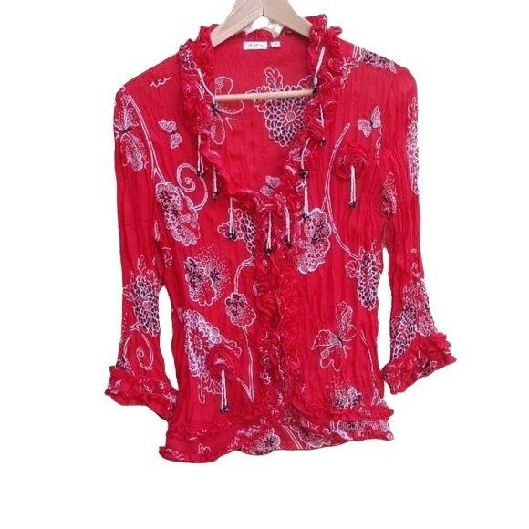 Agora Vtg 80's Red Crinkle Blouse Top Sz S Red Ruffled Butterfly B Size S / US 4 / IT 40 - 1 Thumbnail