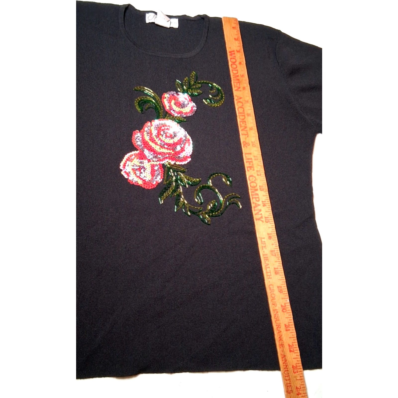 Vintage VINTAGE Dressbarn Sweater Women XL Black Beaded Sequin Pink Rose Roses Sleeve 3/4 Round Neck Pullover Knit Size XL / US 12-14 / IT 48-50 - 4 Thumbnail