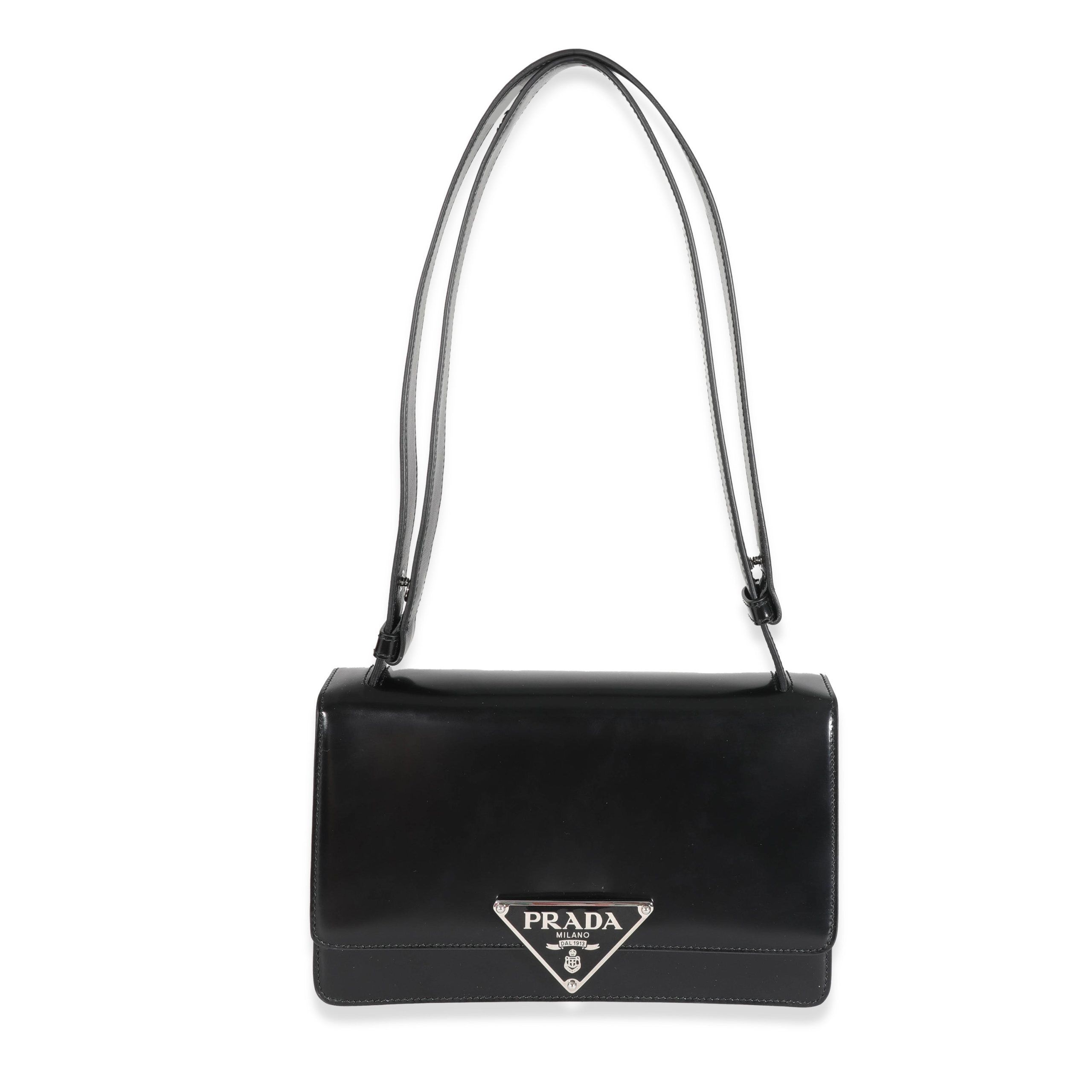 image of Prada Black Brushed Spazzolato Emblème Flap Bag, Women's