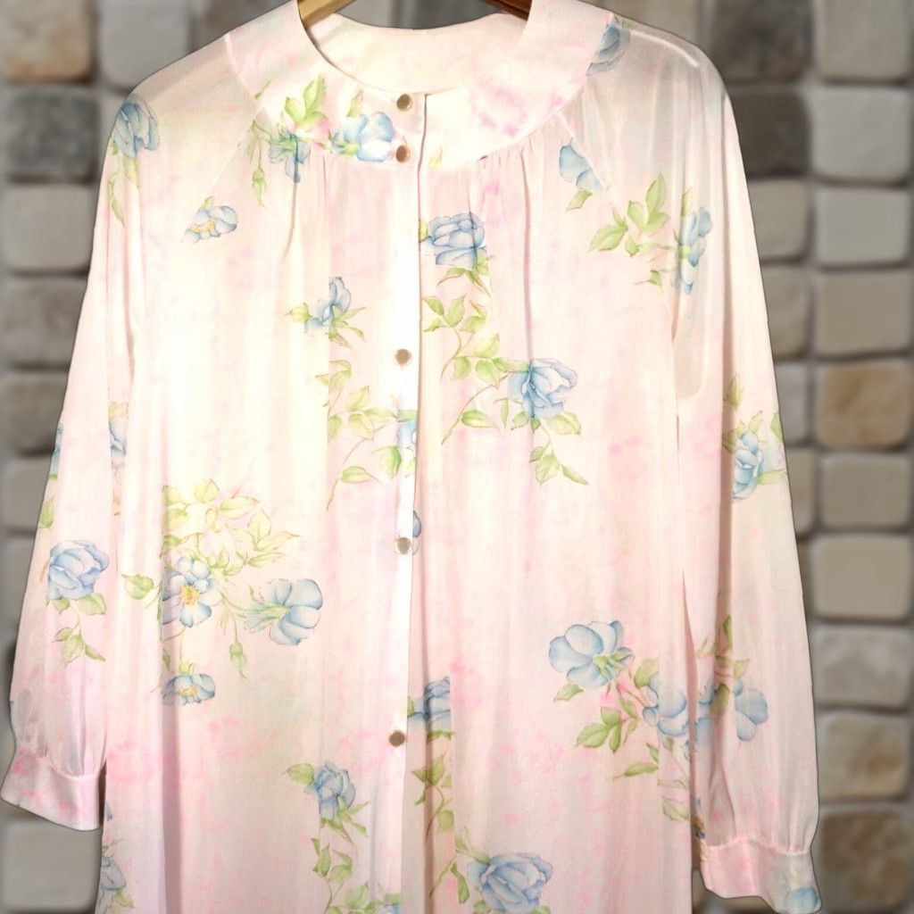 Pinko VINTAGE Pink Floral Nightgown Women's Large Nylon Semi Sheer Button Collar Grannycore 40" Sleepwear Size ONE SIZE - 1 Thumbnail