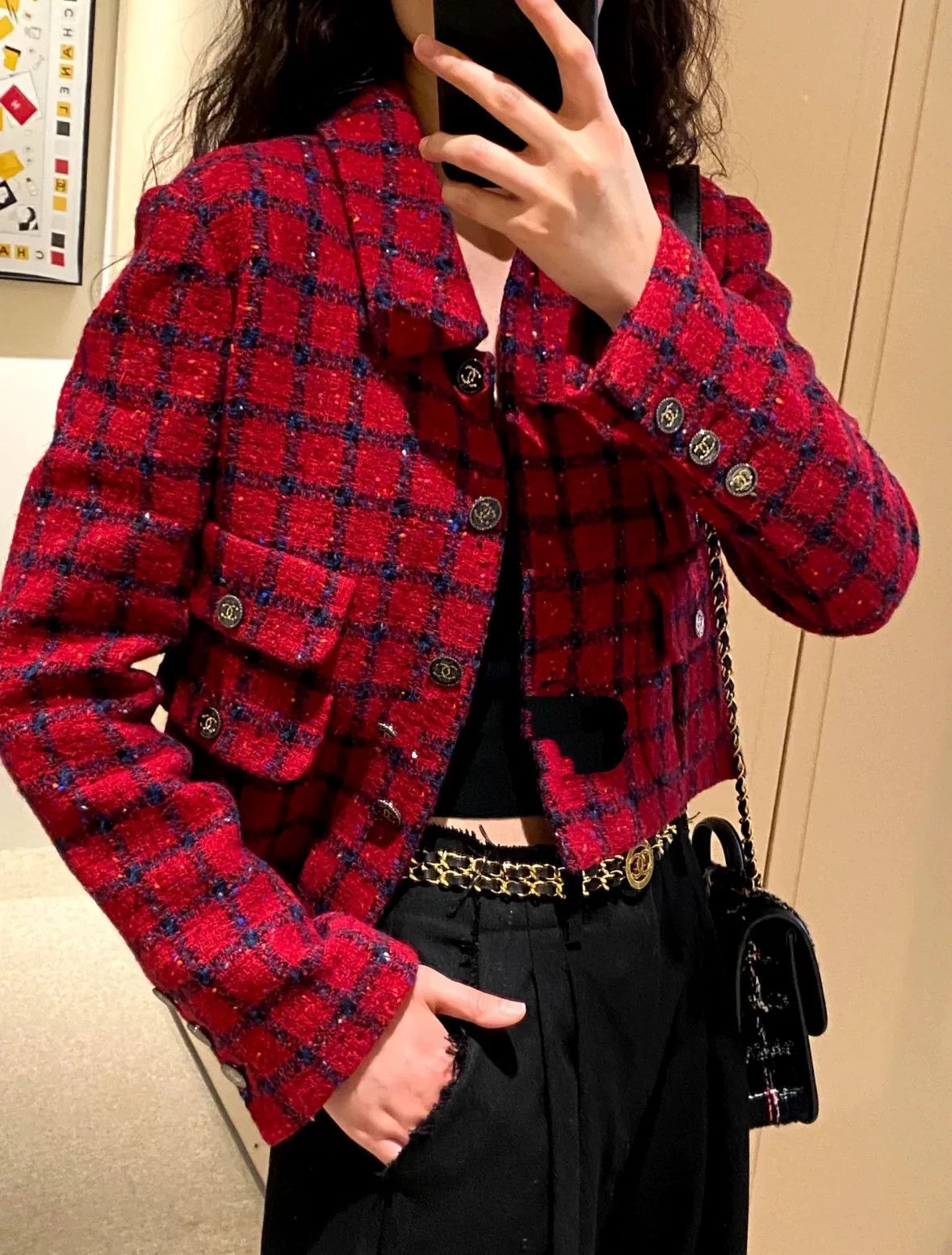 Chanel Chanel 22K Red Black Plaid Jacket Size XXS / US 00 / IT 34 - 1 Thumbnail