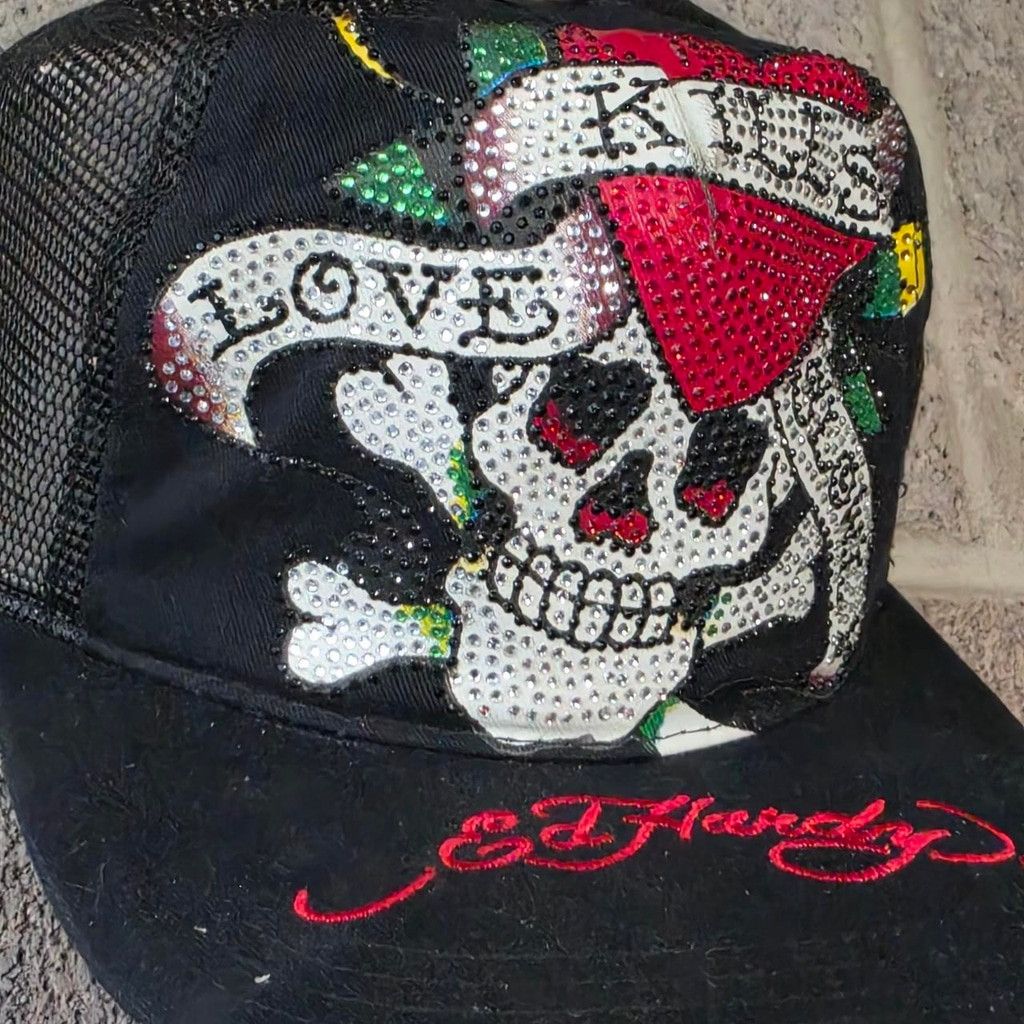 Ed Hardy rare Ed Hardy black trucker cap with rhinestone skull design Size ONE SIZE - 2 Thumbnail