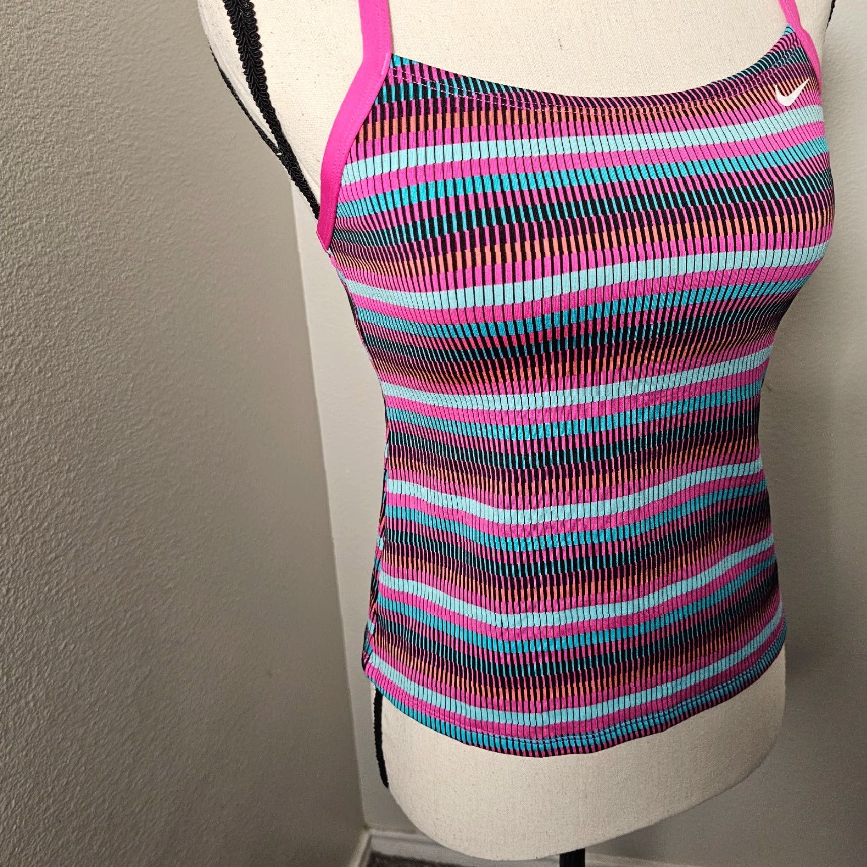 Nike Nike Women's Textured Stripe Racerback Tankini Top Petite Pink Fire/Multicolor S Size S / US 4 / IT 40 - 5 Thumbnail