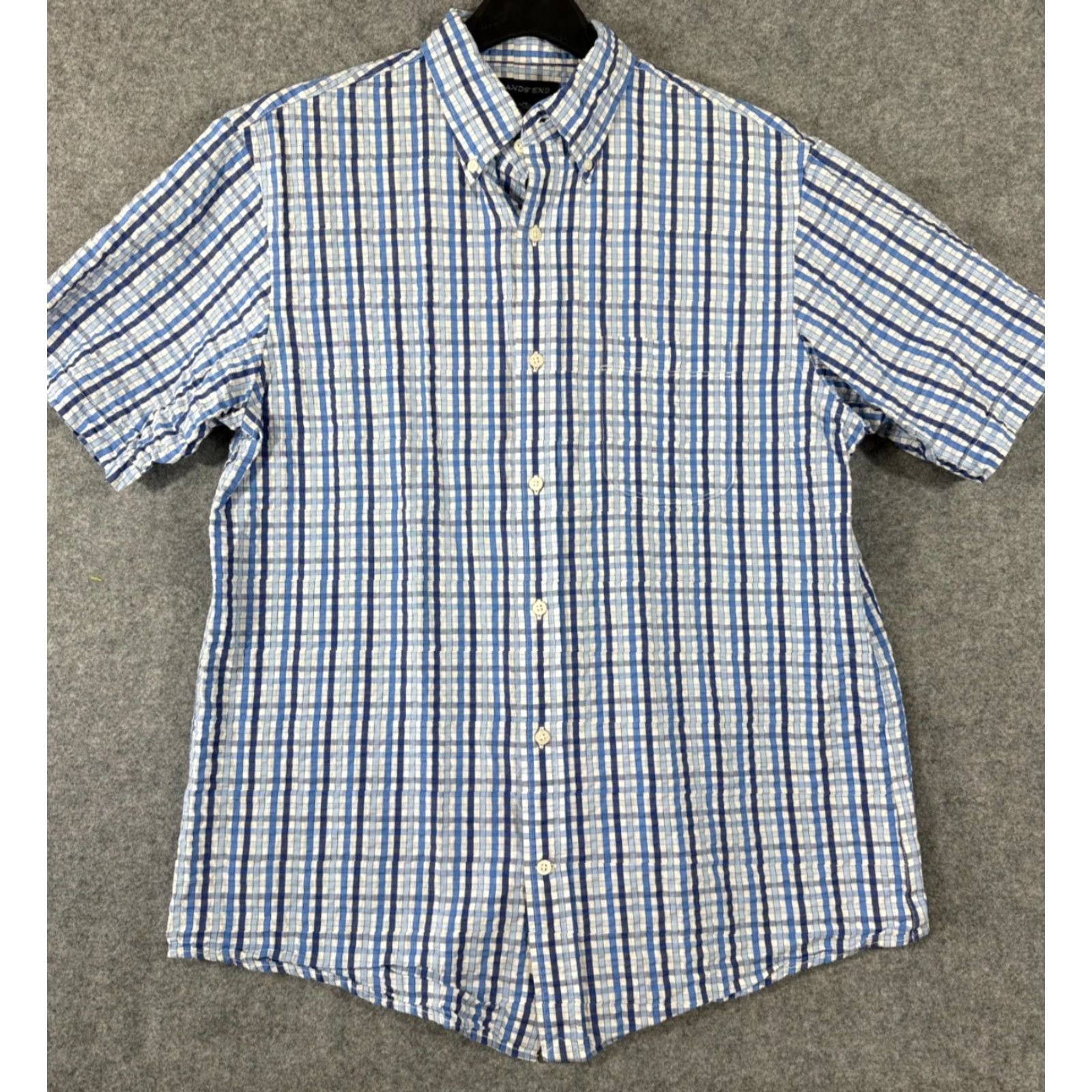 Lands' End Lands' End Camp Shirt Mens M White Blue Plaid Seersucker Traditional Fit Shirt Short Sleeve Button-Up Casual Travel Mens Size US M / EU 48-50 / 2 - 2 Thumbnail