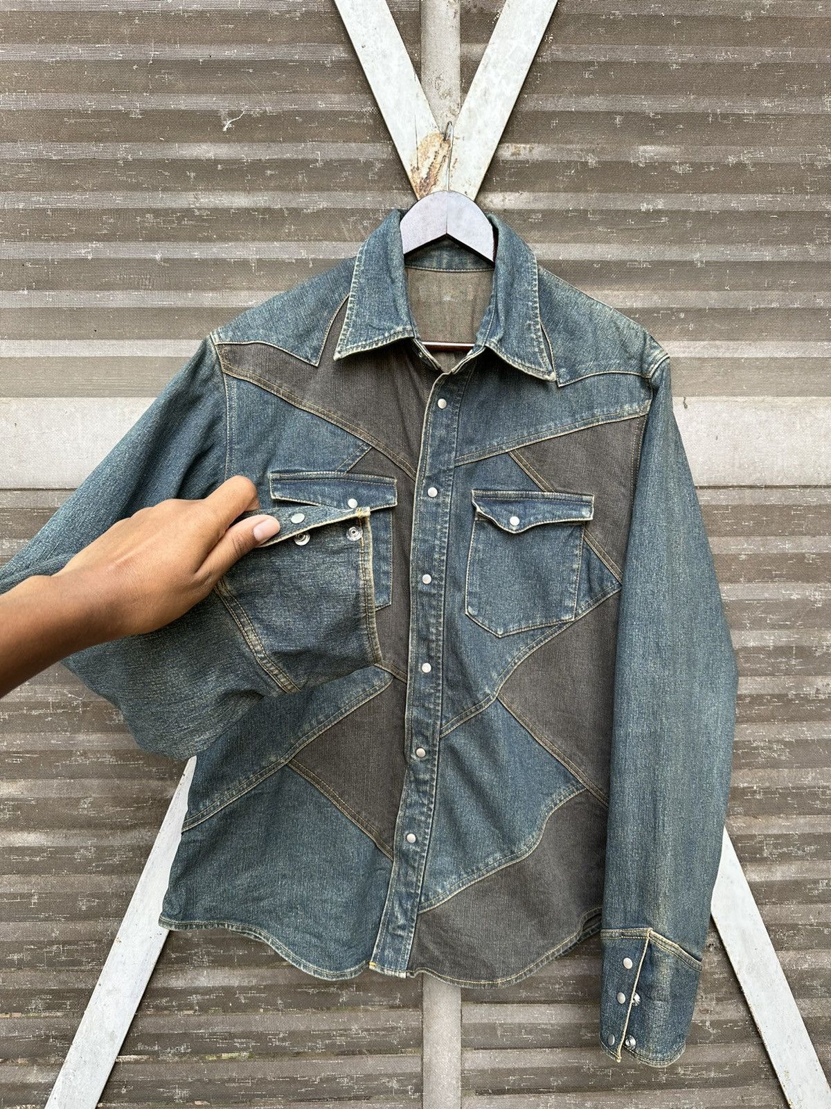 Vintage 🏇Vintage Cowboy Style Patchwork Denim Jacket Size US L / EU 52-54 / 3 - 6 Thumbnail