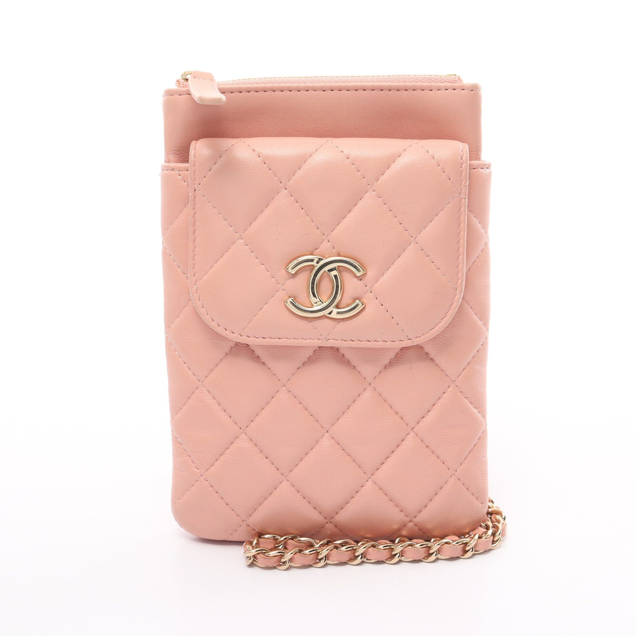 image of Chanel Matelasse Phone Case Chain Shoulder Bag Lambskin Light Pink Gold Hardware, Women's