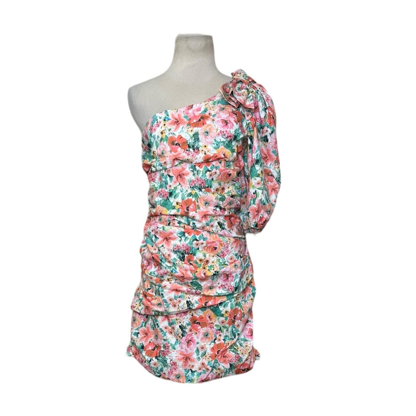 Zara Zara floral one shoulder ruched mini dress size Large Size L / US 10 / IT 46 - 1 Thumbnail