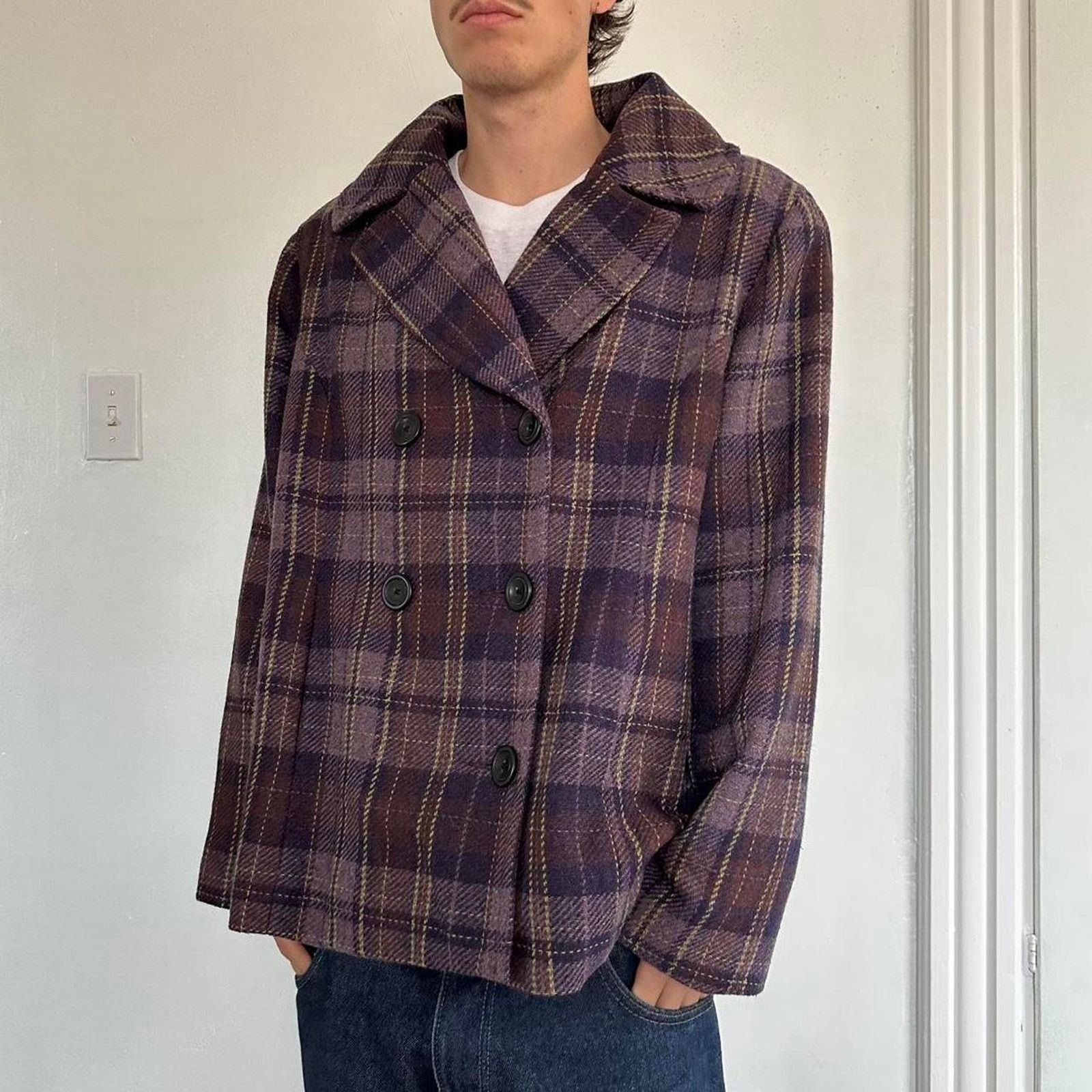Vintage Vintage Y2K Purple Plaid Double Brest Peacoat Blazer Jacket Size XL / US 12-14 / IT 48-50 - 2 Thumbnail