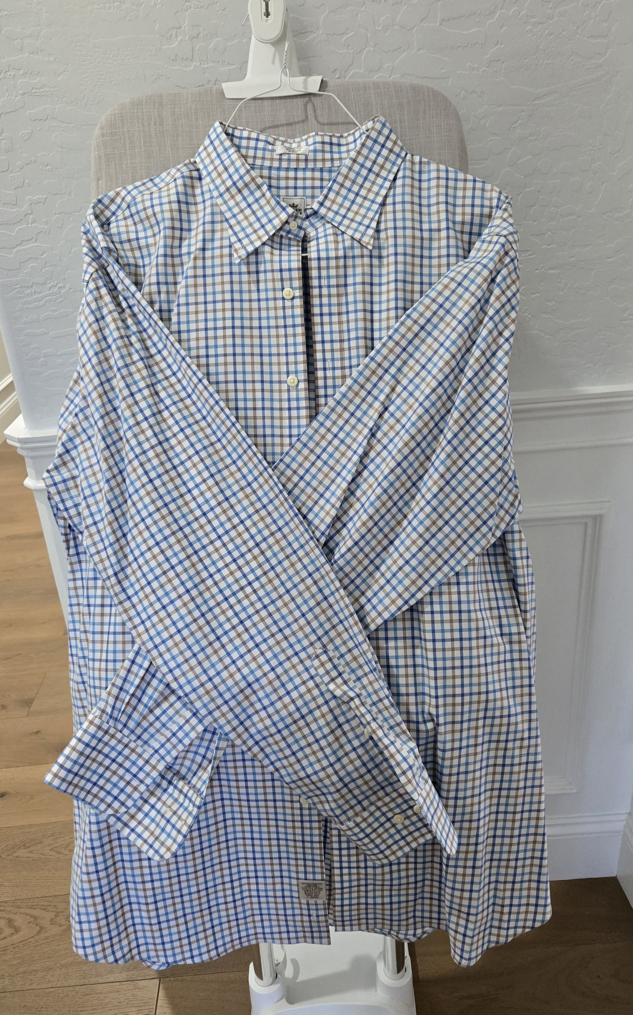 Peter Millar Peter Millar Men's Nanoluxe Twill Tan, and blue Check shirt Size US XL / EU 56 / 4 - 4 Thumbnail