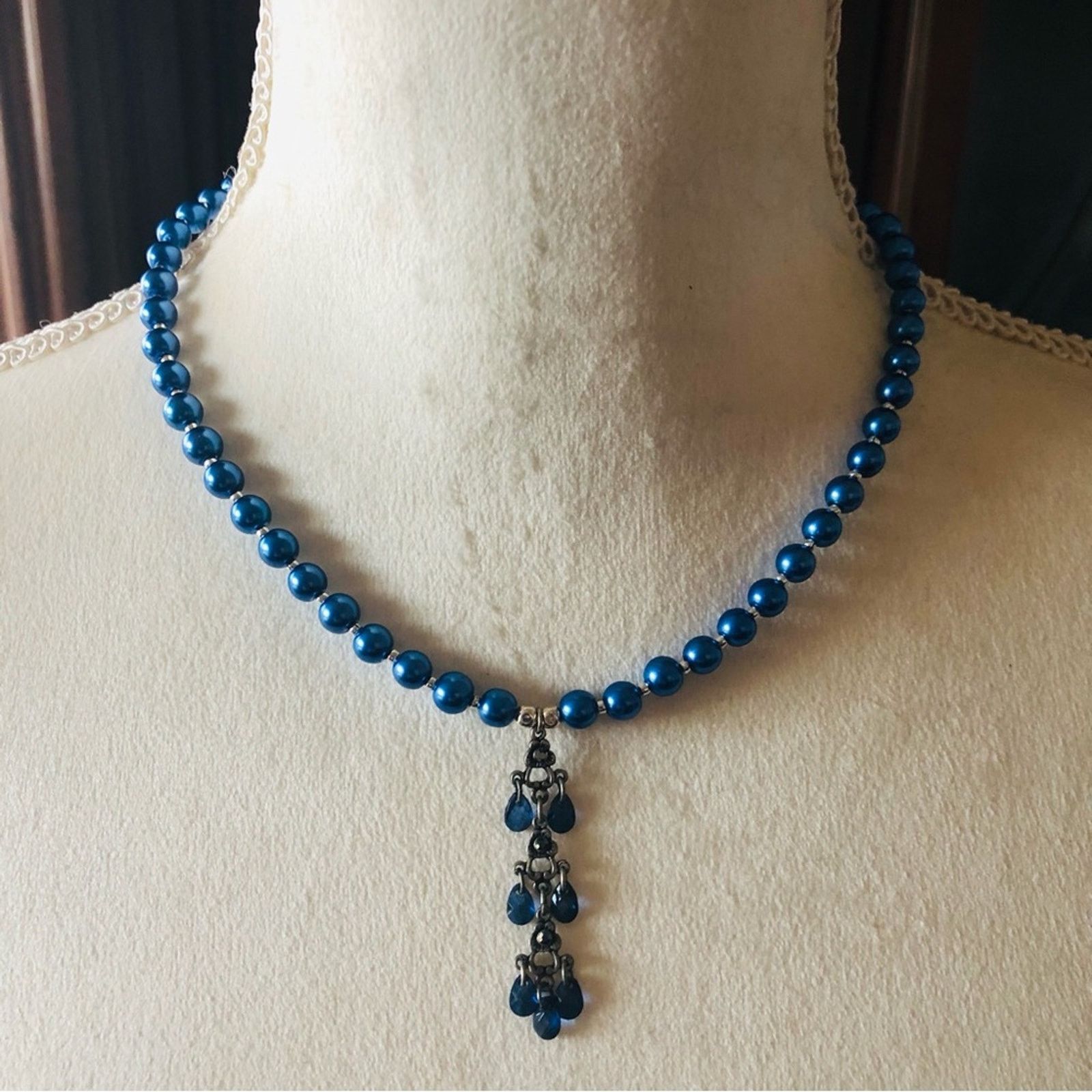 Handmade Handcrafted repurpose blue crystal chandelier Pearl necklace Size ONE SIZE - 2 Thumbnail