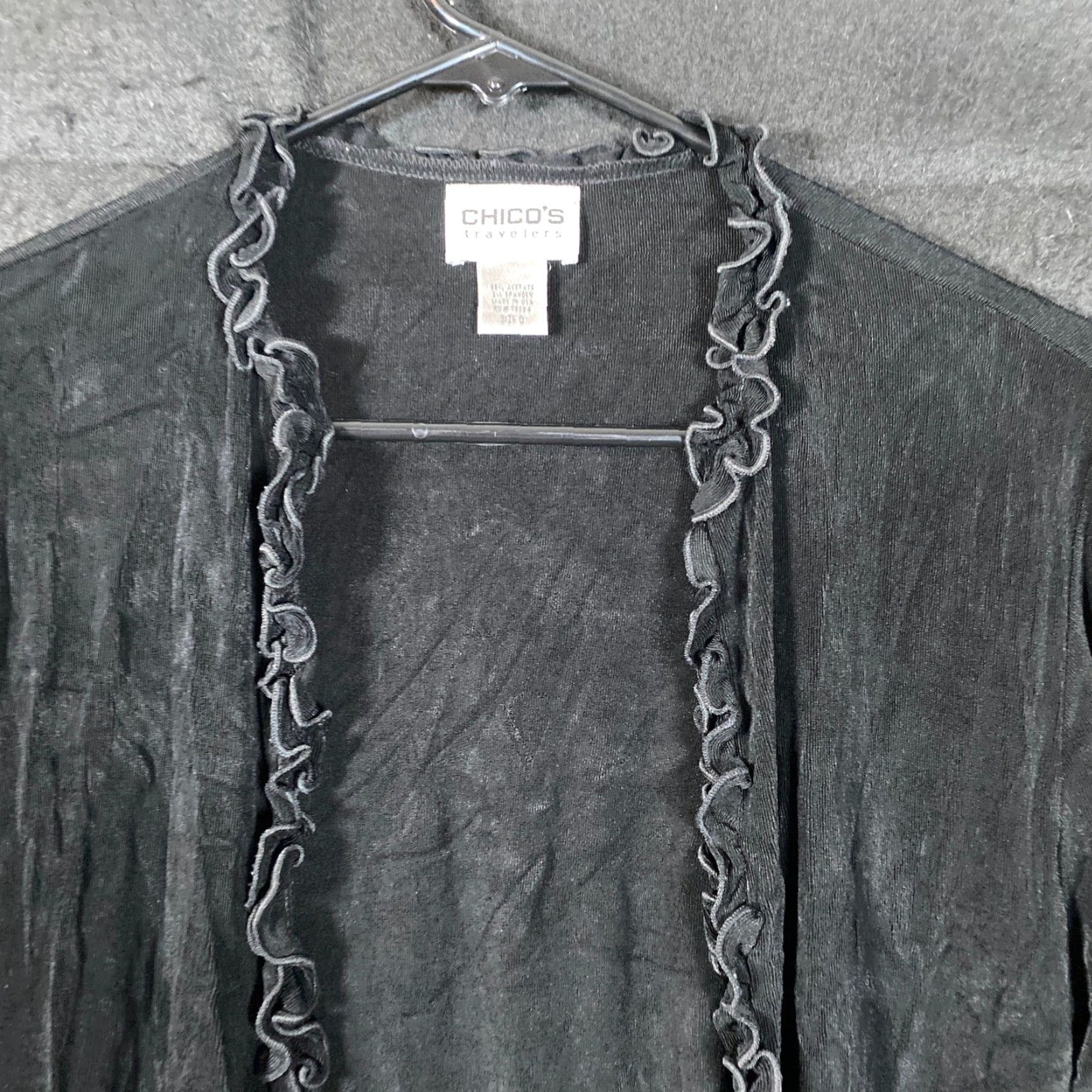 Vintage Chicos Travelers Women Sweater Cardigan Open Ruffle Front Black Sheer Stretch Regular S XS? Wait—keep accurate. Size S / US 4 / IT 40 - 2 Thumbnail