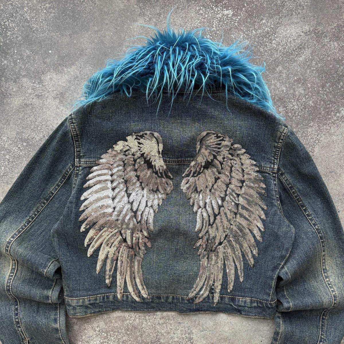 If Six Was Nine Angel Wings Y2K Gothic Vintage Washed Denim Cropped Jacket Size S / US 4 / IT 40 - 5 Thumbnail