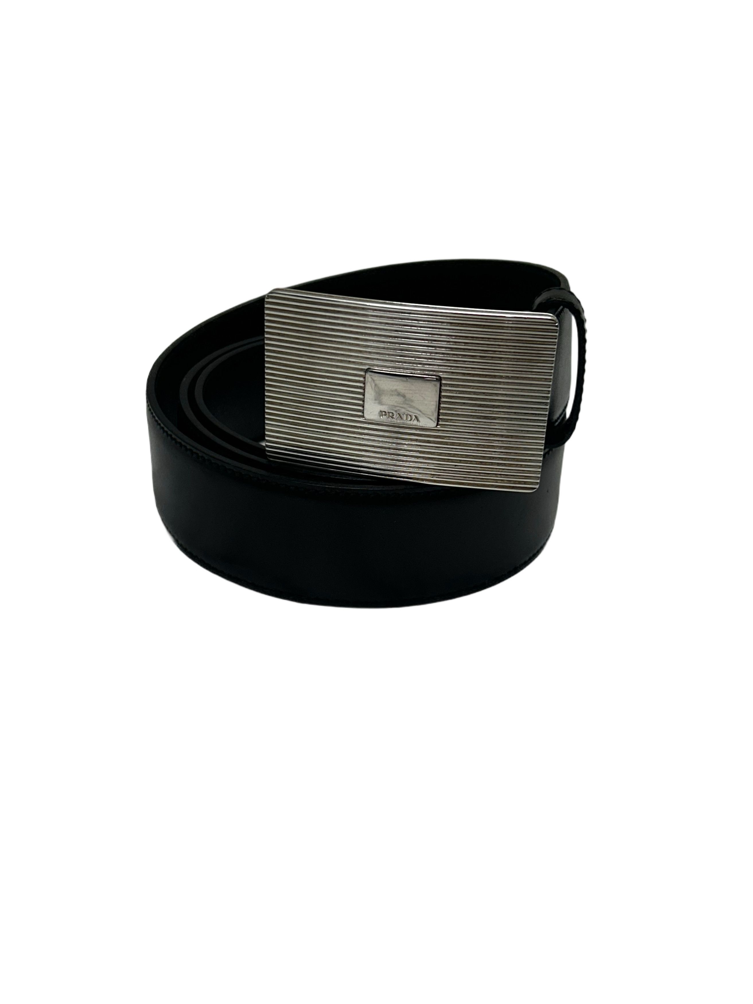 Prada Prada Black Polished Leather BeltWithLaserEtchedShieldBuckle Size 38 - 4 Thumbnail