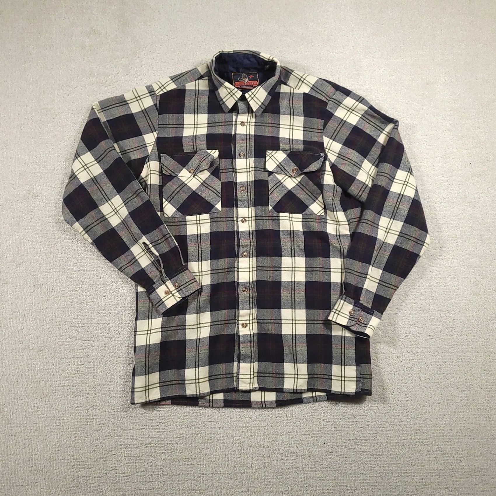 Vintage Back Packer Sportswear Shirt Mens LT Big & Tall Plaid Flannel Lined Navy Cream Blue | Button-Up | Long Sleeve | 100% Acrylic | Pocketed | Vintage No Size US L / EU 52-54 / 3 - 2 Thumbnail