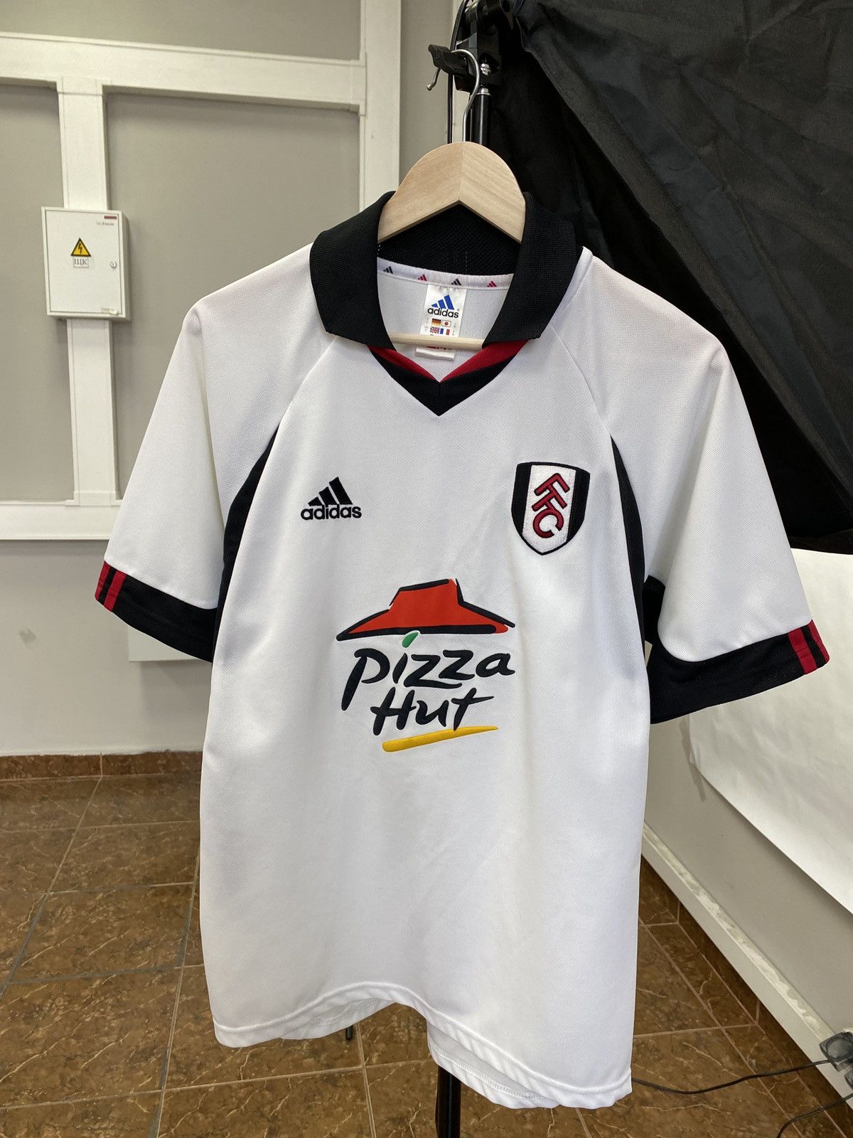 image of Vintage 2001 Fulham Adidas Pizza Hut Football Soccer Shirt in White, Men's (Size Small)