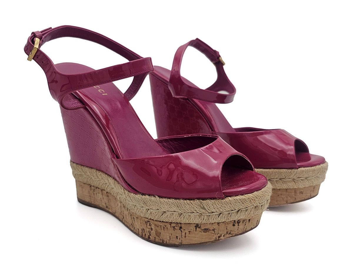 Gucci Pink Guccissima Patent Leather Cork Wedge Sandals 38