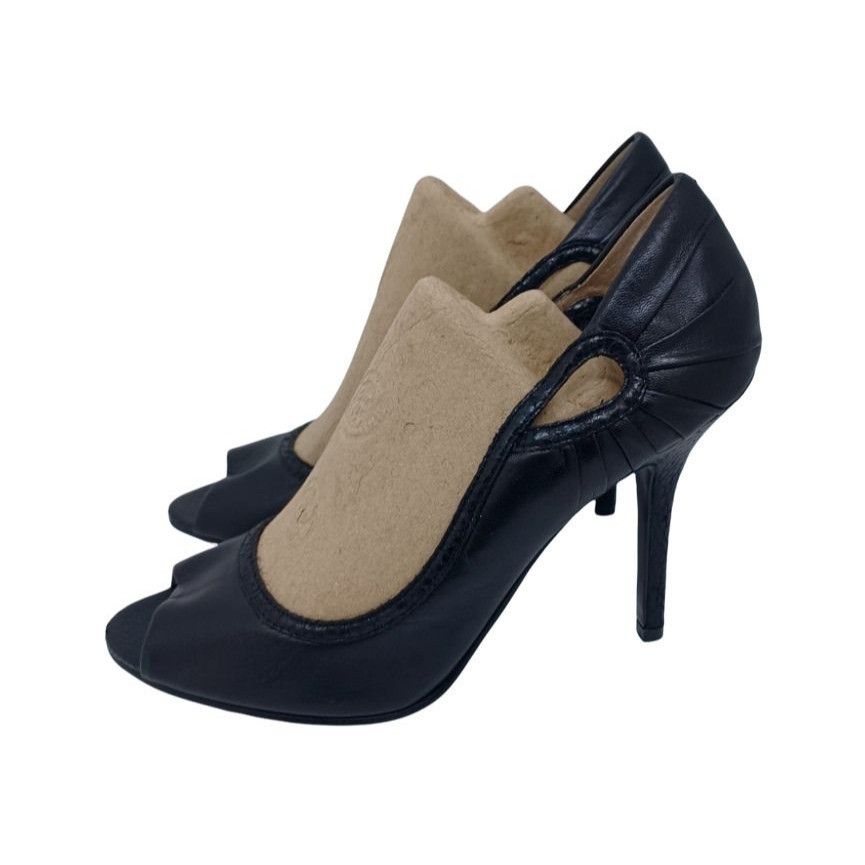 Nine West ❤️NINE WEST Black Leather Peep Toe Stiletto Heels Sz 8M (Run Size US 8 / IT 38 - 3 Thumbnail