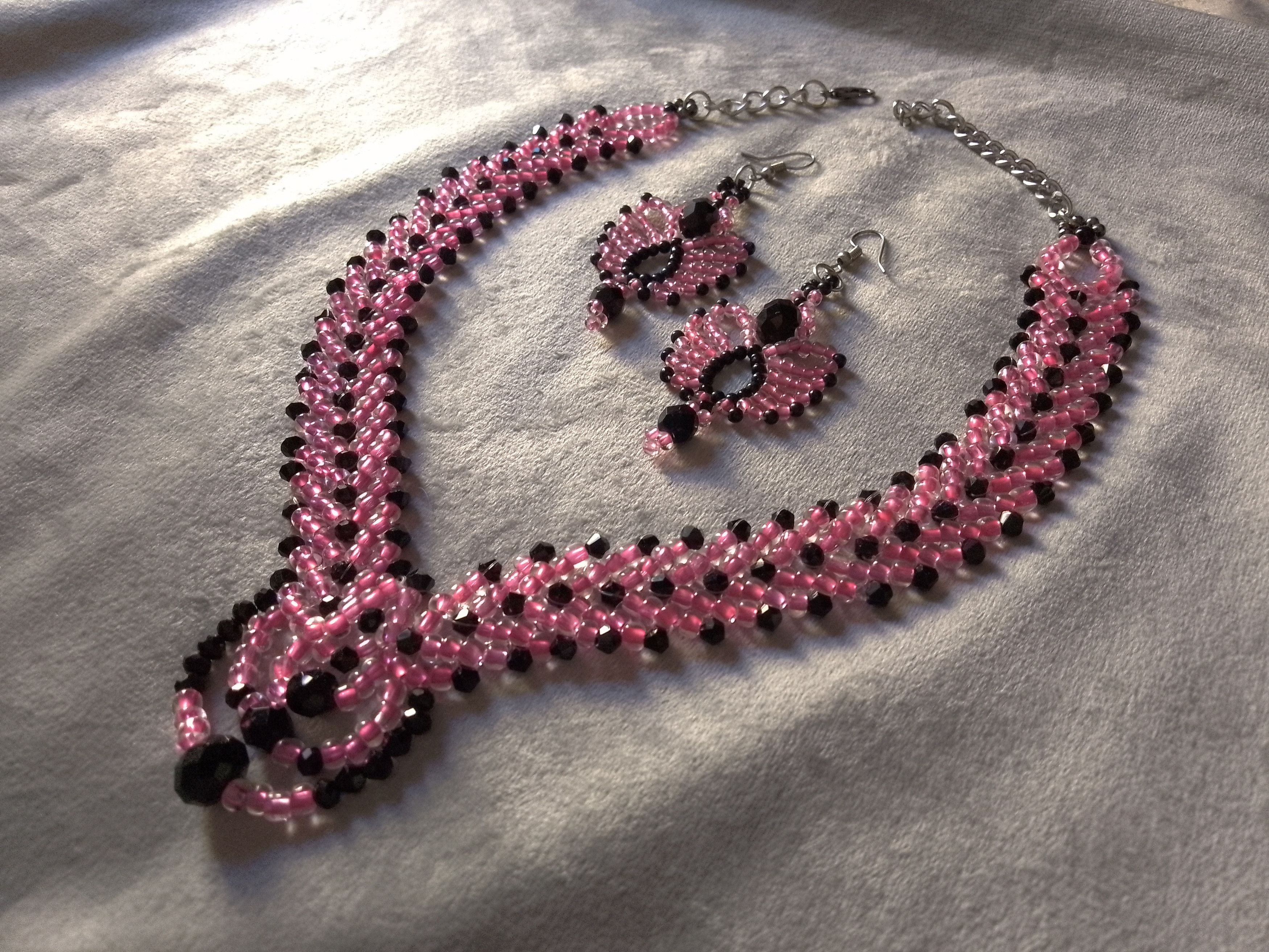 Handmade Necklace Braided Pink Black Earrings Crystals Elegant Size ONE SIZE - 13 Thumbnail