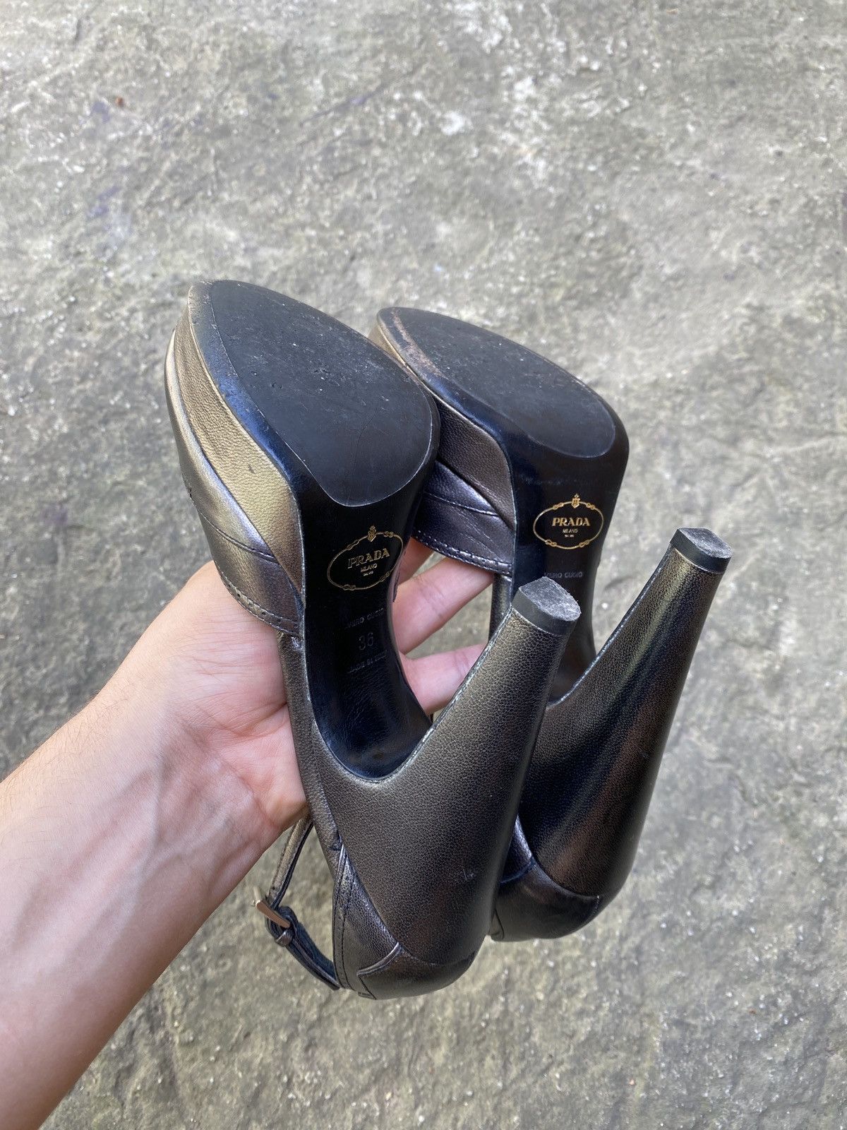 Prada Metallic Leather Peep Toe Platform Heels Ankle Strap