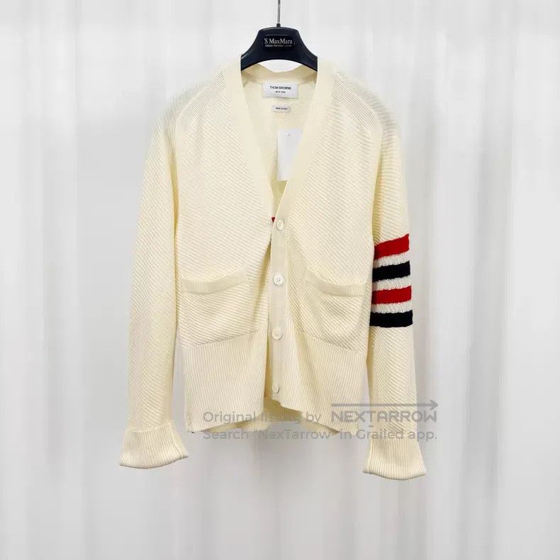 Thom Browne Thom Browne Beige Four-Stripe Colorful Wool Cardigan Size US S / EU 44-46 / 1 - 1 Thumbnail