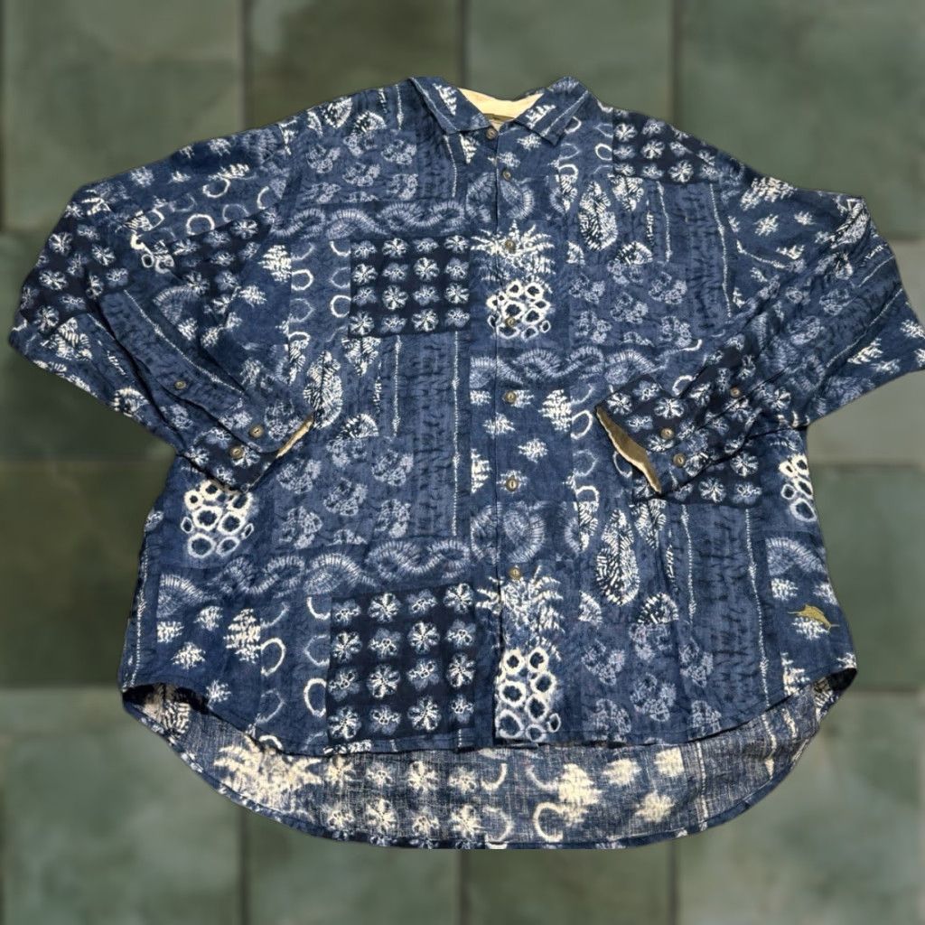 Tommy Bahama Tommy Bahama Shirt Men XXL Blue Pina Shibori Hawaiian Floral Long Sleeve Linen Button-Up Size US XXL / EU 58 / 5 - 1 Thumbnail