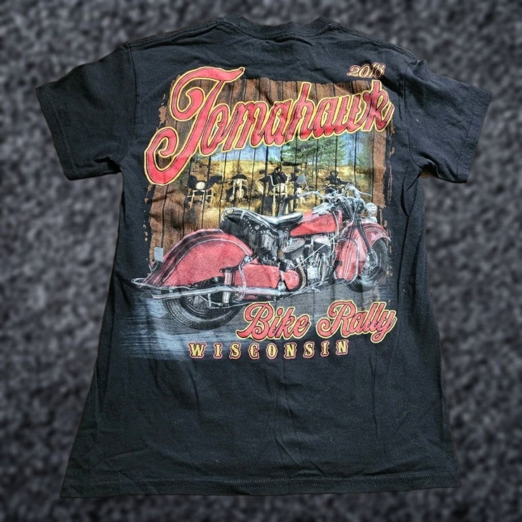 Gildan Mens XS Tomahawk Bike Rally Wisconsin Double Sided T Shirt Black Unisex Adults Short Sleeve Crew Neck Cotton Gildan 2018 Vintage? Size US XS / EU 42 / 0 - 1 Thumbnail