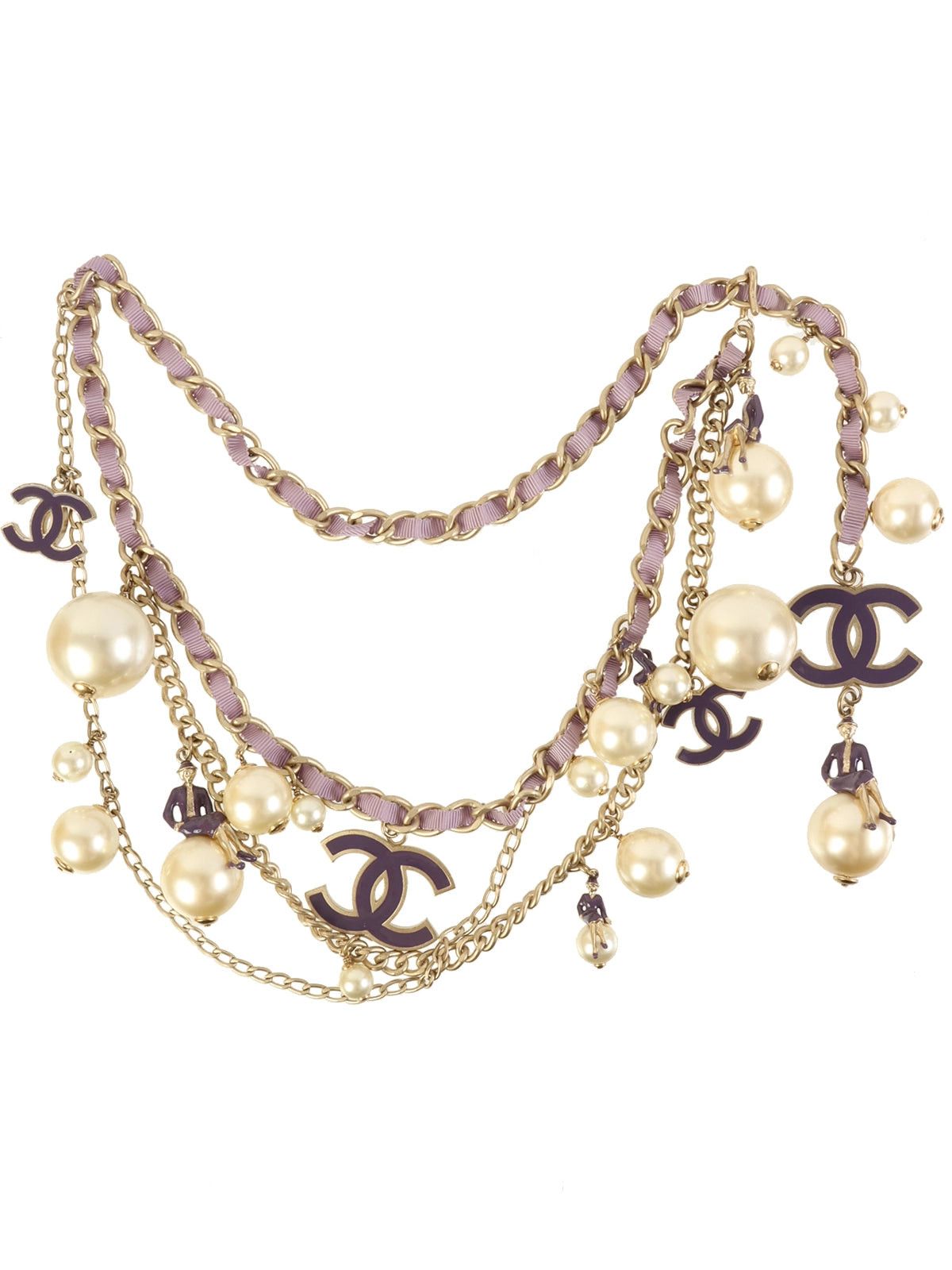 image of Chanel 2004 Made Pearl Mademoiselle Motid Cc Mark Chain Belt Purple, Women's