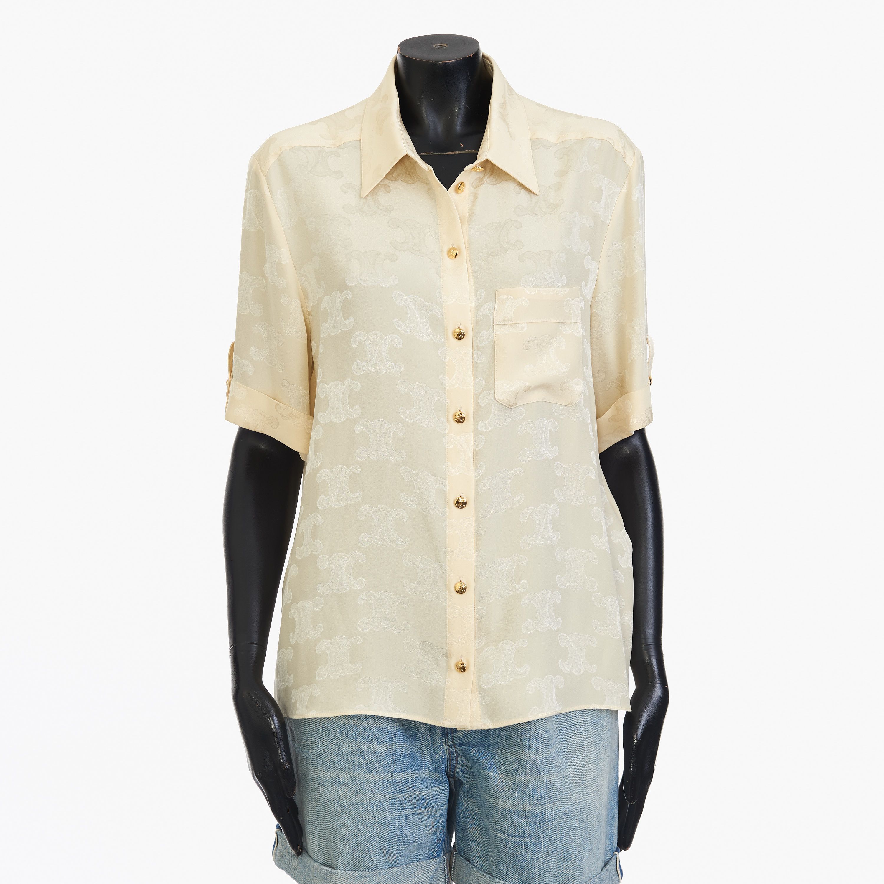 Celine Triomphe Blouse In Crème Shiny Matte Silk Size M / US 6-8 / IT 42-44 - 1 Thumbnail