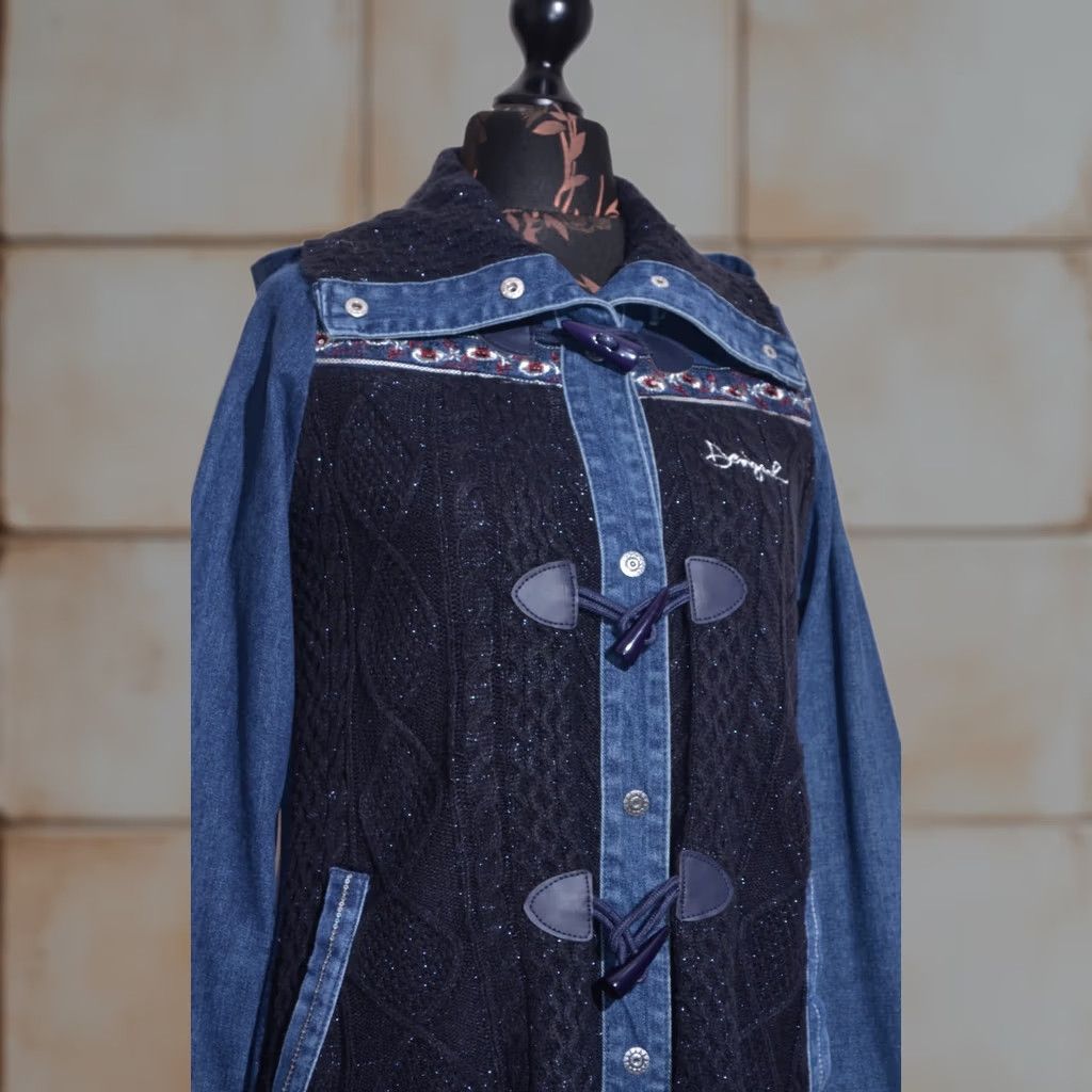 Desigual Desigual Women's Coat Knit Denim Hooded Jacket Embroidered Blue 36 Regular Long Sleeve Mid-Length Casual Overcoat Jacket Womens Size XS / US 0-2 / IT 36-38 - 1 Thumbnail