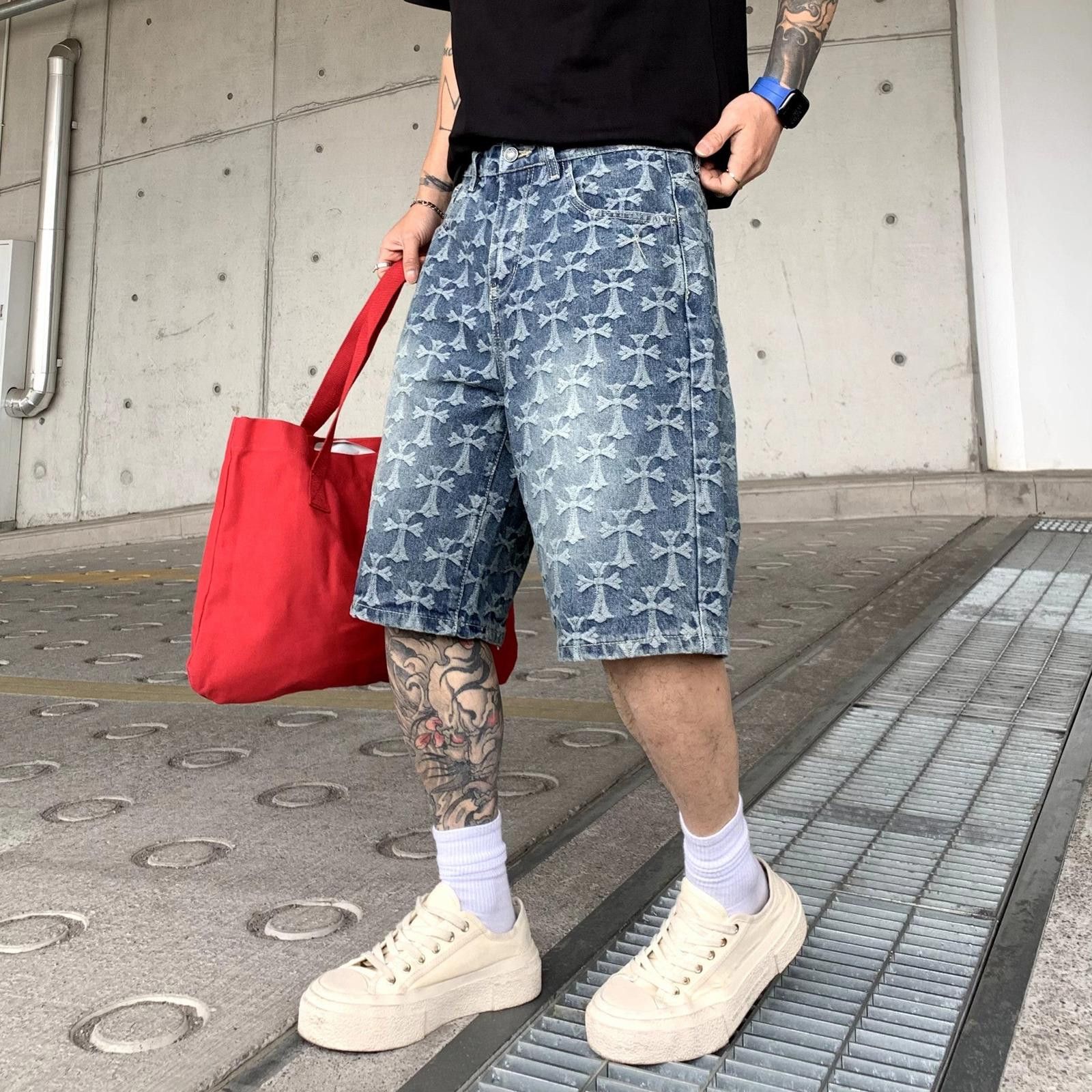 Blue Cross Patterned Denim Shorts, Relaxed Fit Men's Shorts