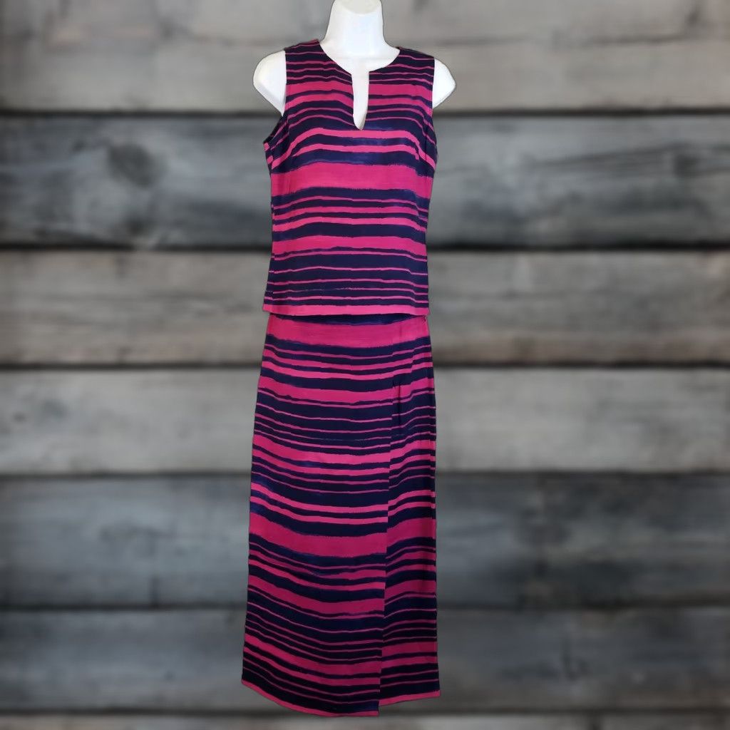 Jaeger Jaeger Womens 2 Piece Set Top & Skirt Sz 6 Pink Purple Linen Blend Sleeveless Striped Co-Ord Set Womens Size M / US 6-8 / IT 42-44 - 1 Thumbnail